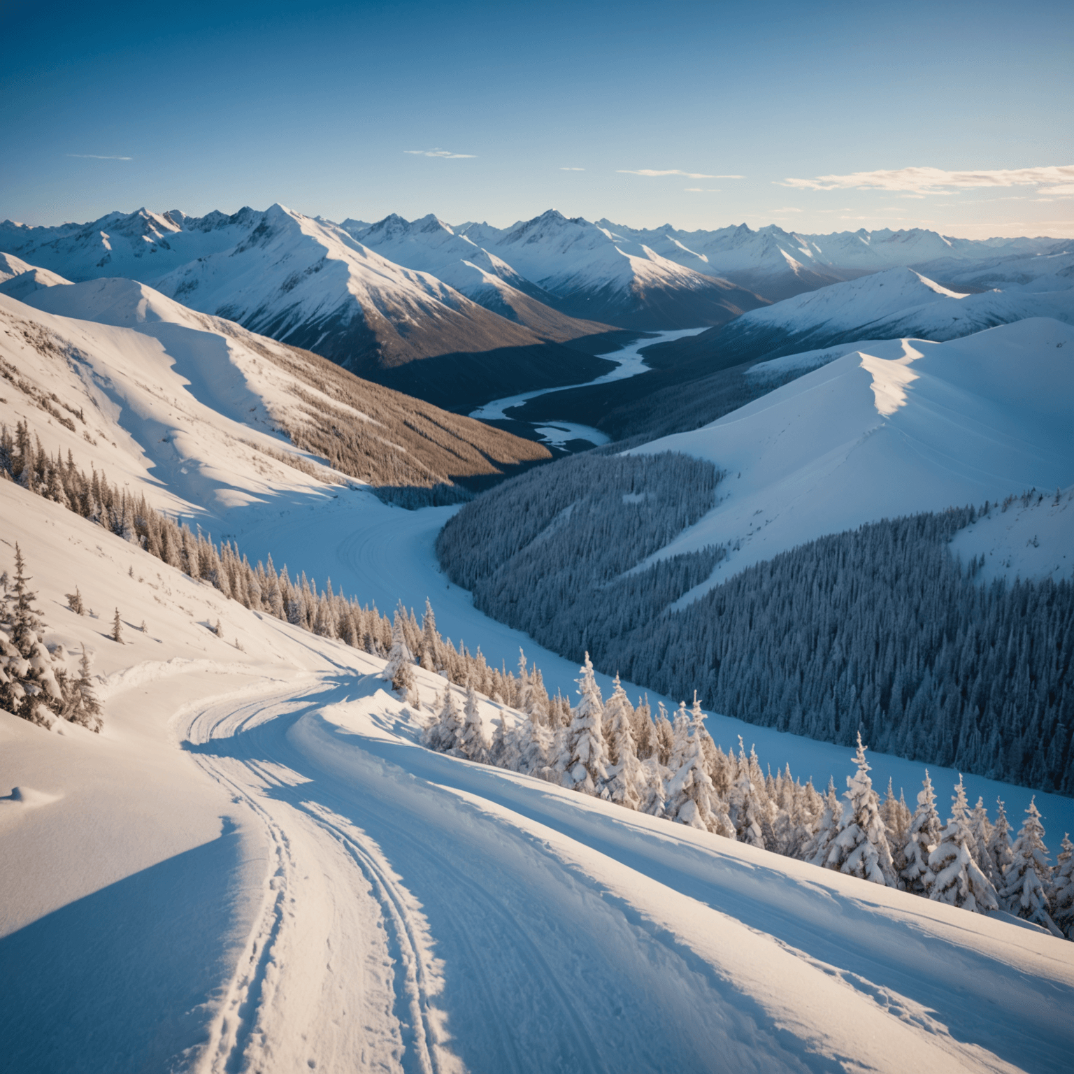 A scenic view of the Alaskan wilderness, showcasing snow-covered mountains and a winding sledding trail