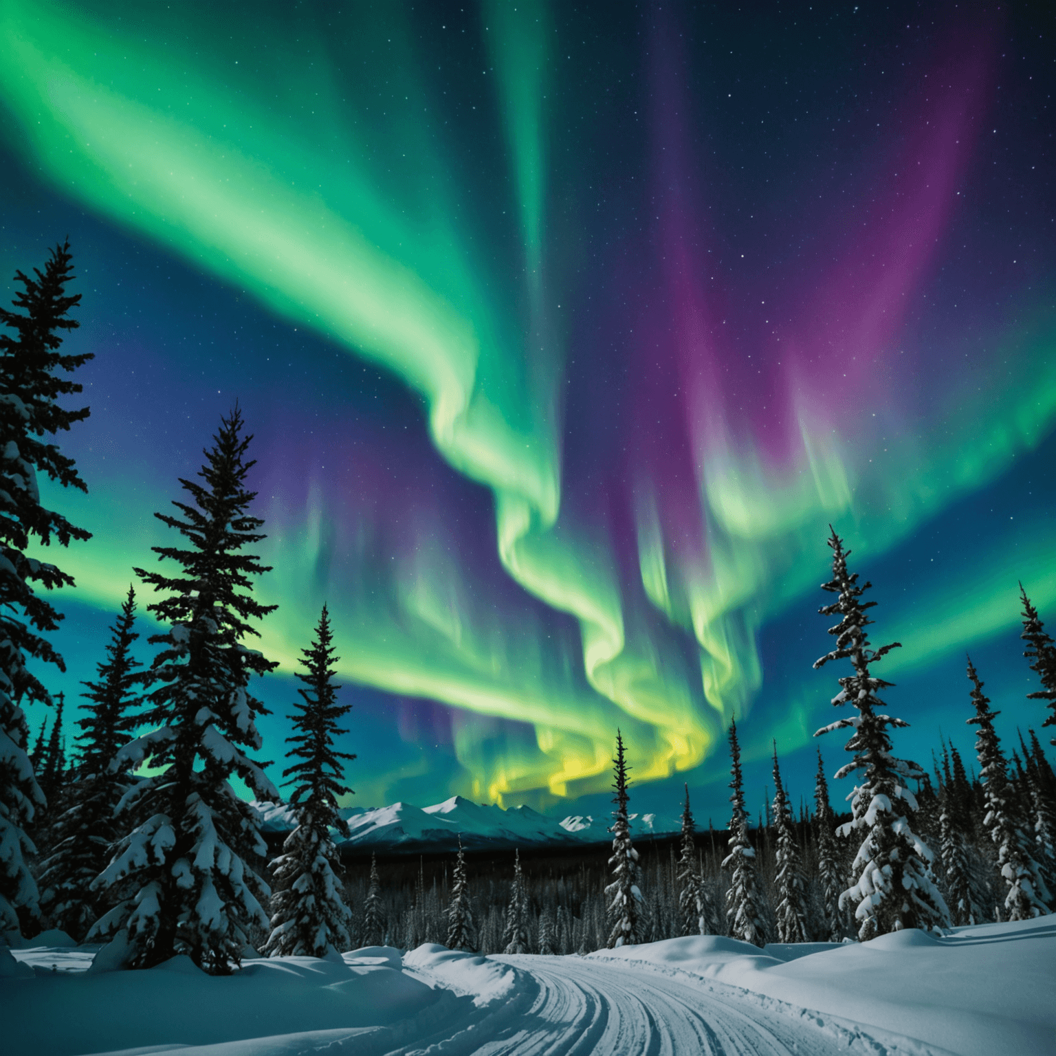 A breathtaking view of the aurora borealis over a snowy Alaskan landscape.