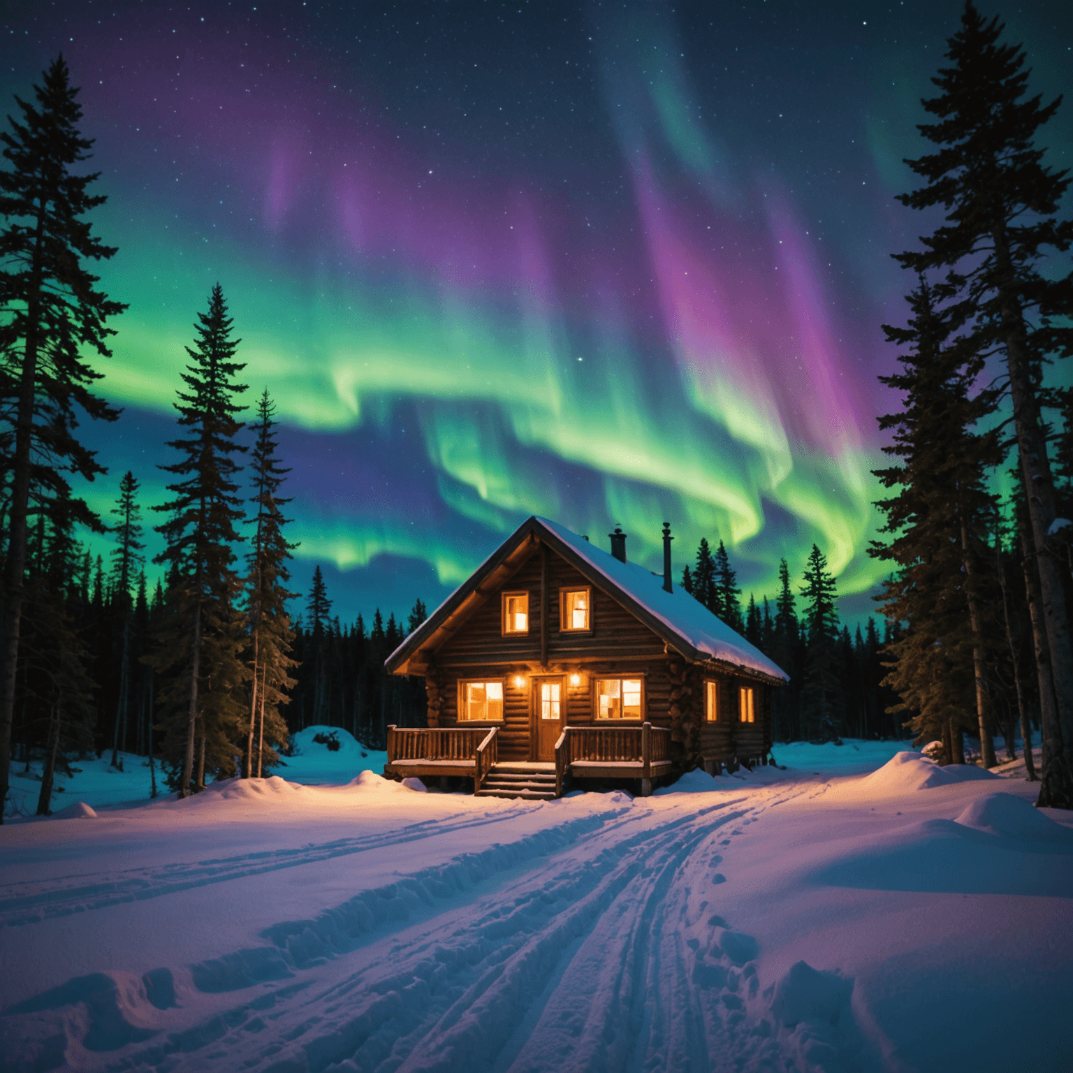 A cozy cabin in a snowy landscape with the Northern Lights overhead.