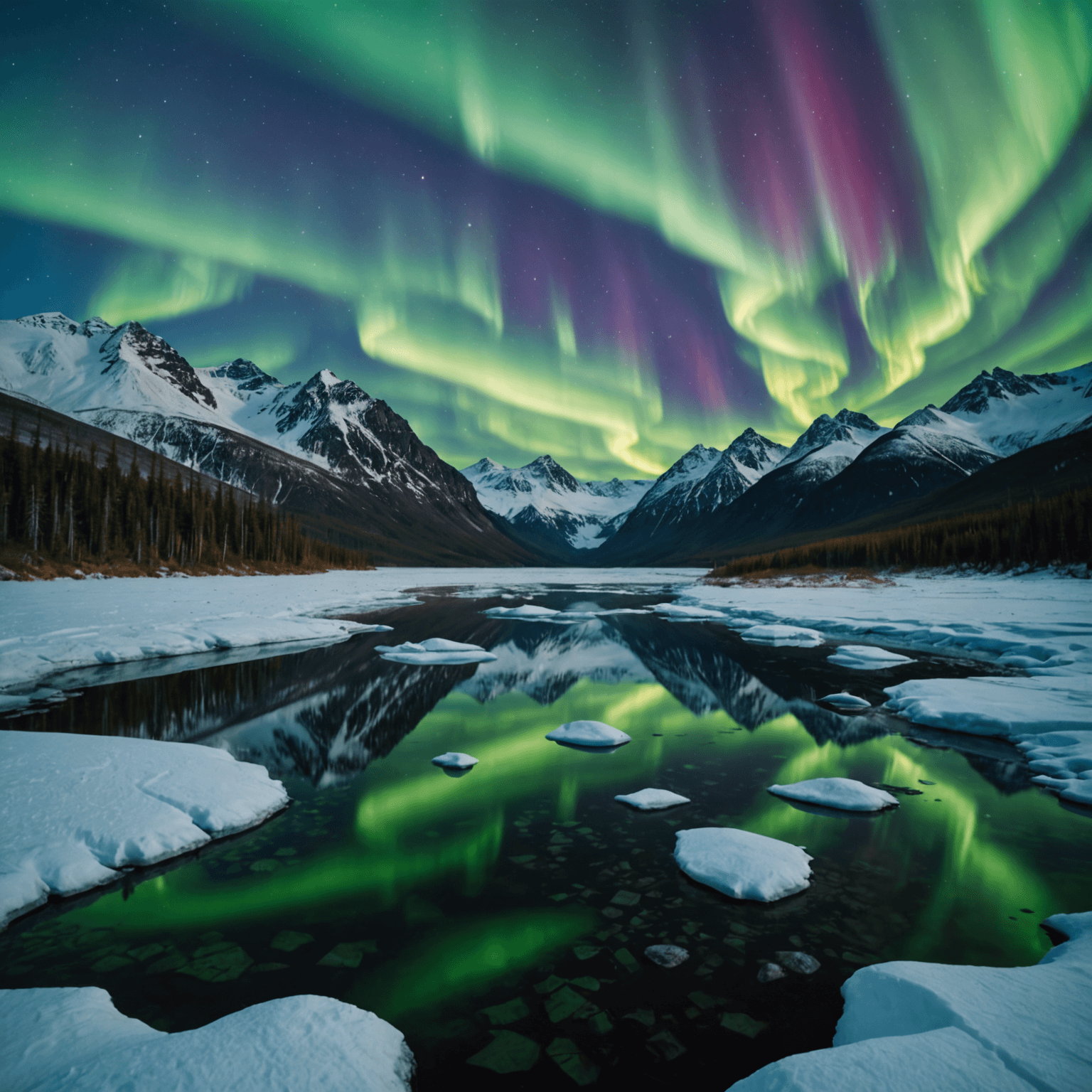 A breathtaking view of an Alaskan glacier, with dogsled teams in the foreground, set against a backdrop of auroras dancing in the sky.