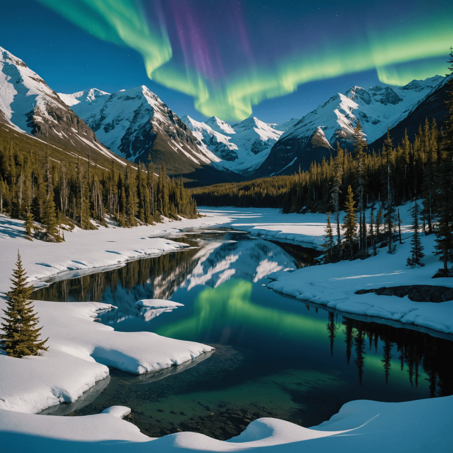 A team of sled dogs racing across a snowy Alaskan landscape