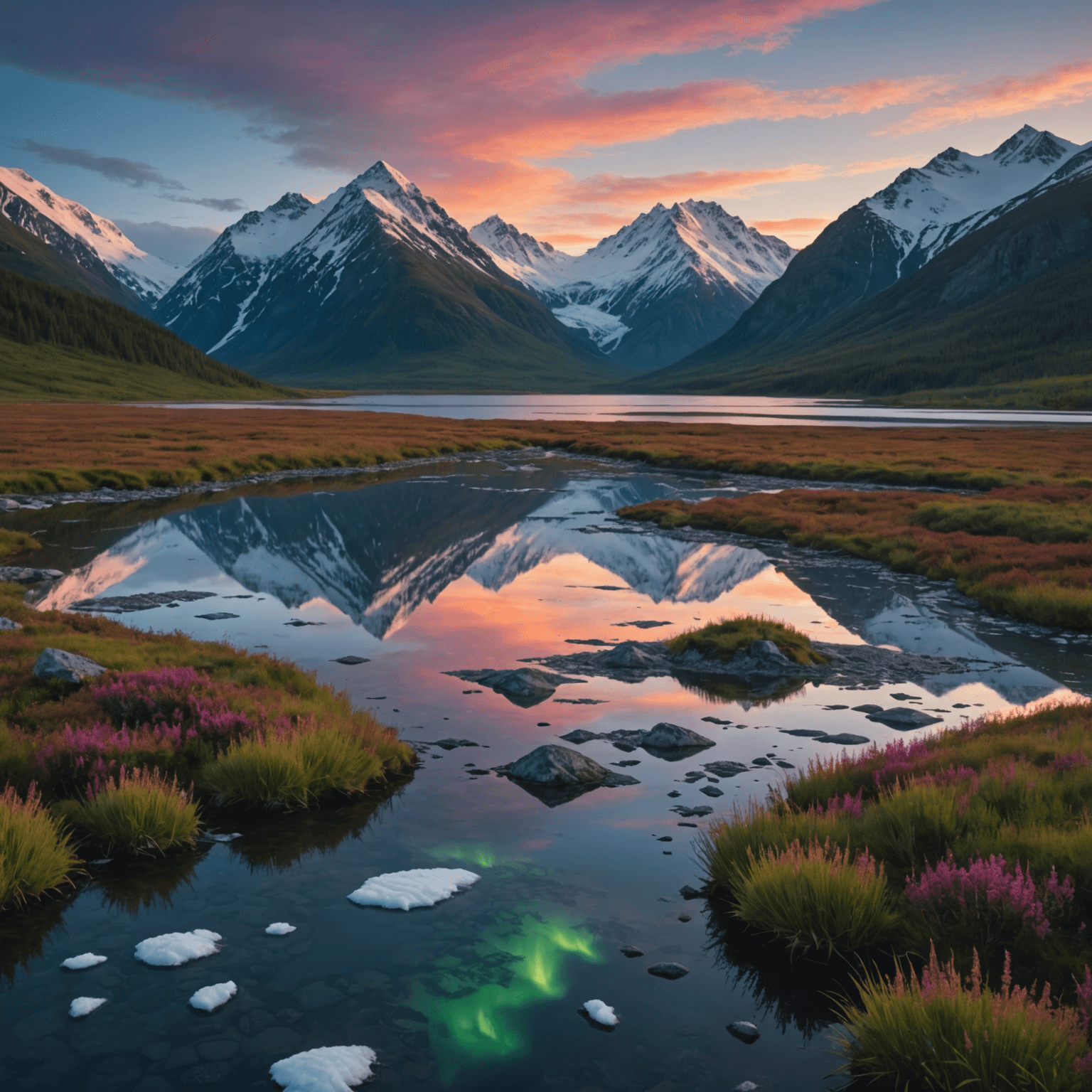 A small group of tourists observing the aurora borealis in a remote Alaskan setting