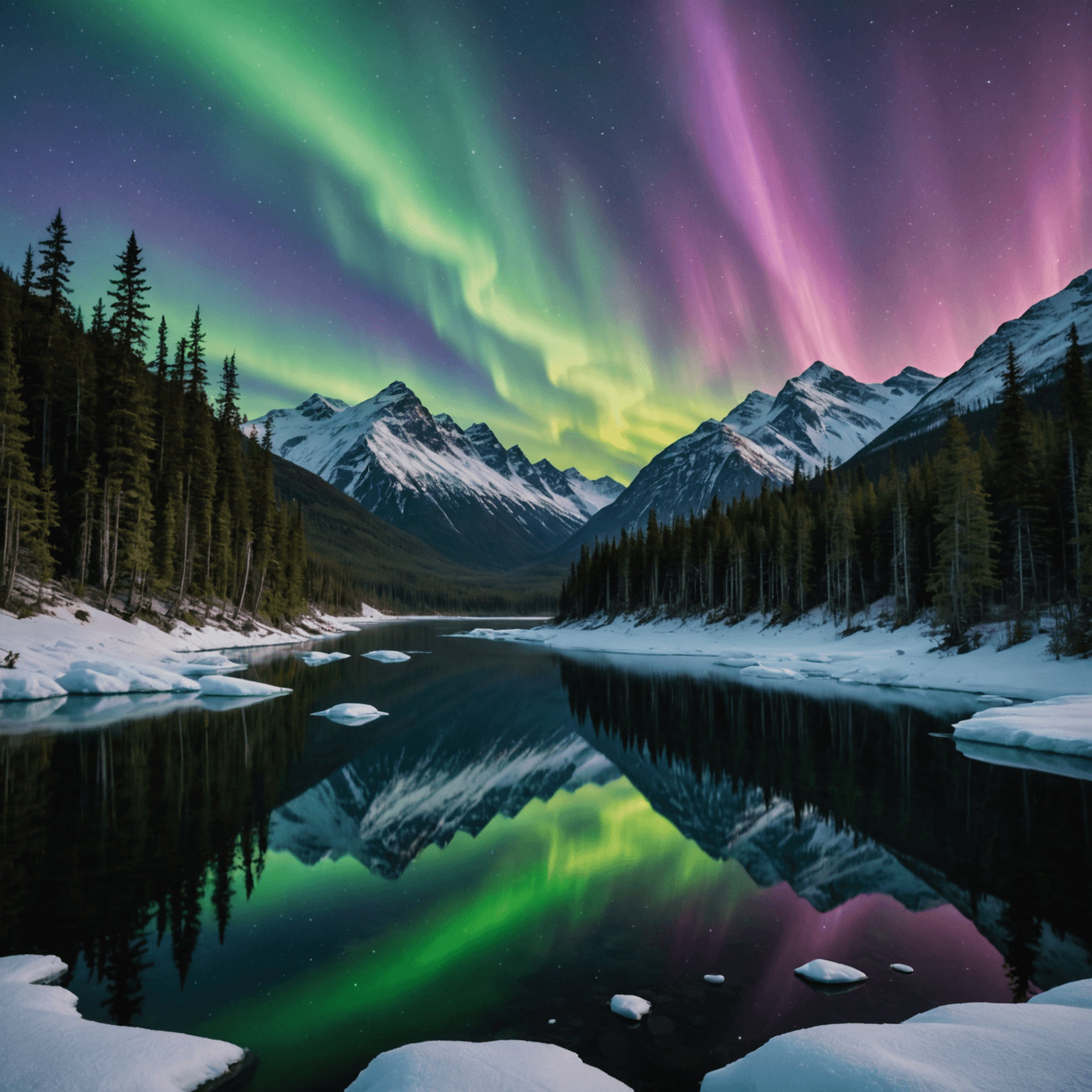 A stunning aurora borealis display over a snowy Alaskan landscape