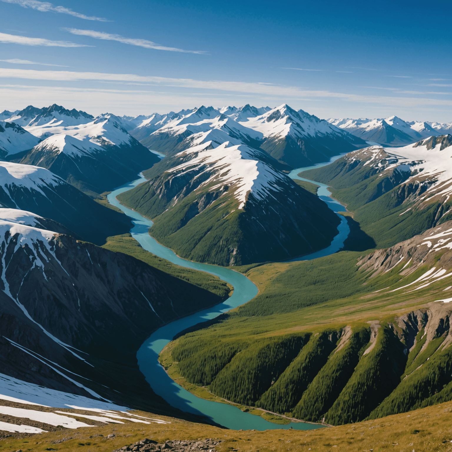Aerial view of Juneau's glacier fields with a dog sled team