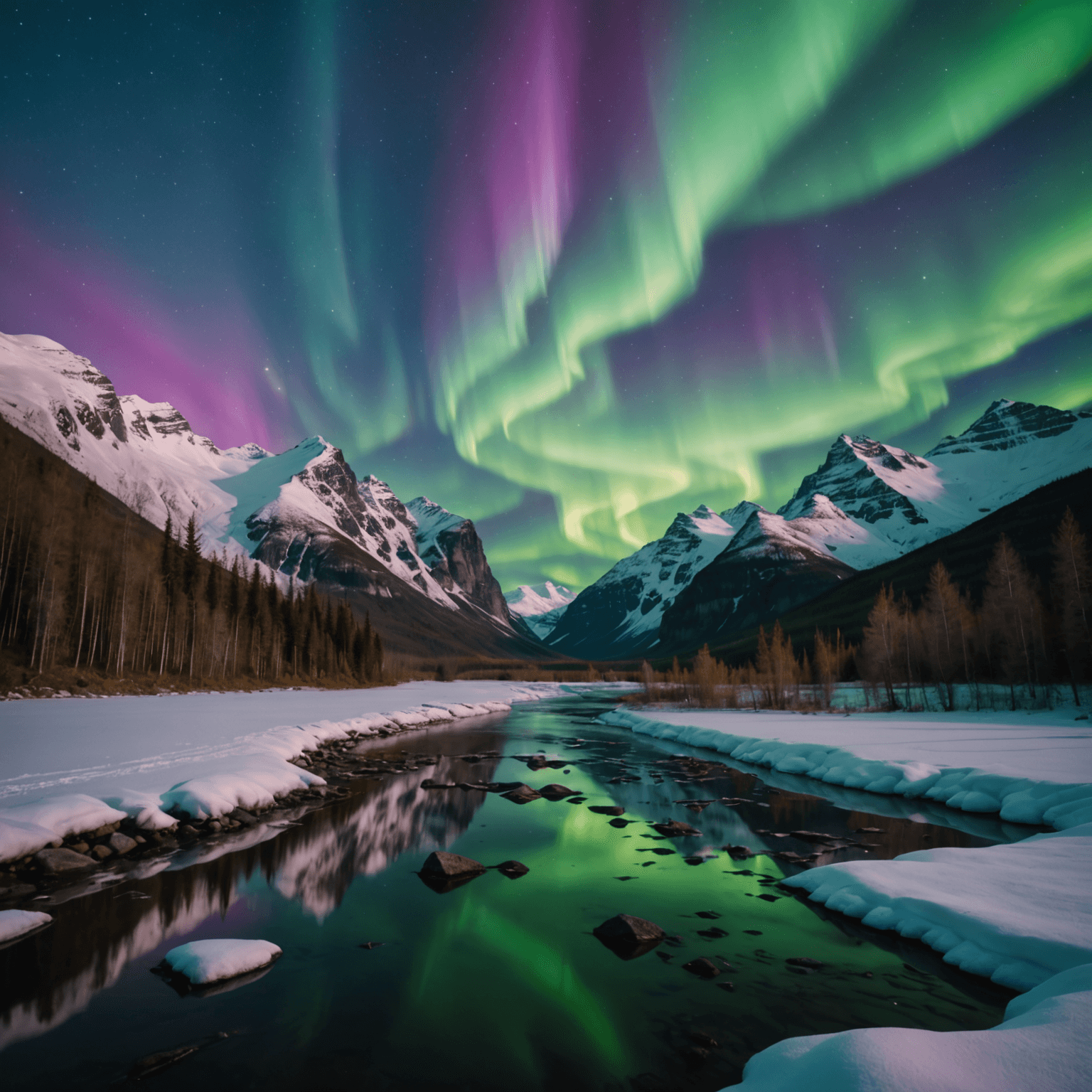 Majestic view of the northern lights over a snow-covered Alaskan landscape