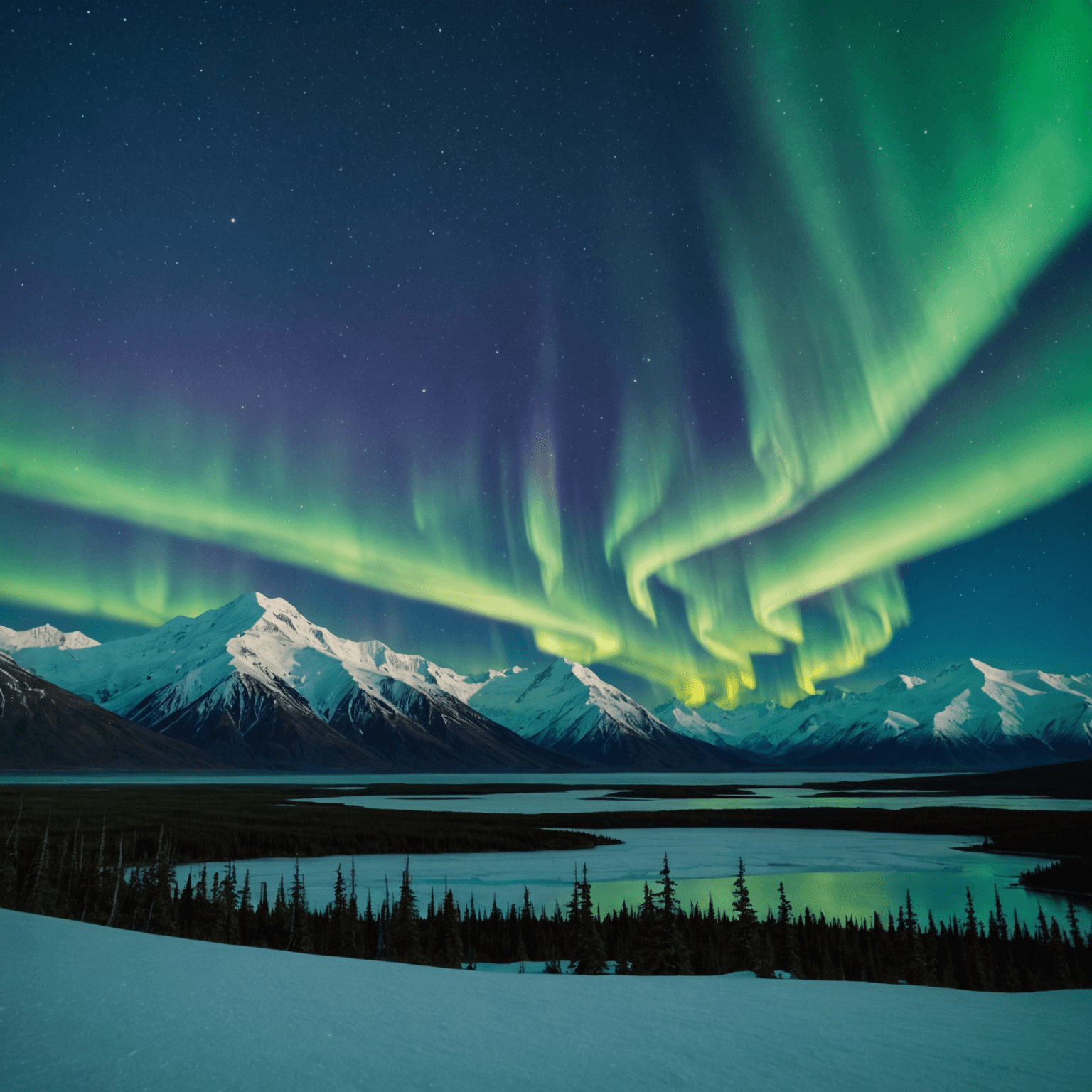 A breathtaking view of the Northern Lights over Denali National Park, capturing the vibrant colors of the auroras dancing in the night sky.