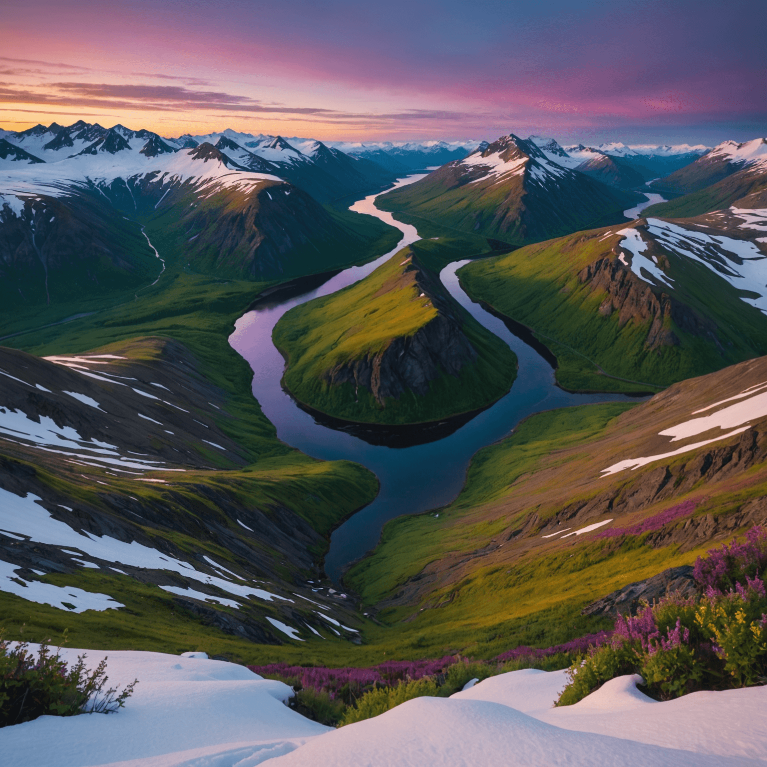 A panoramic view of the northern lights over the Chugach Mountains, showing snow-covered peaks and a vibrant aurora display.