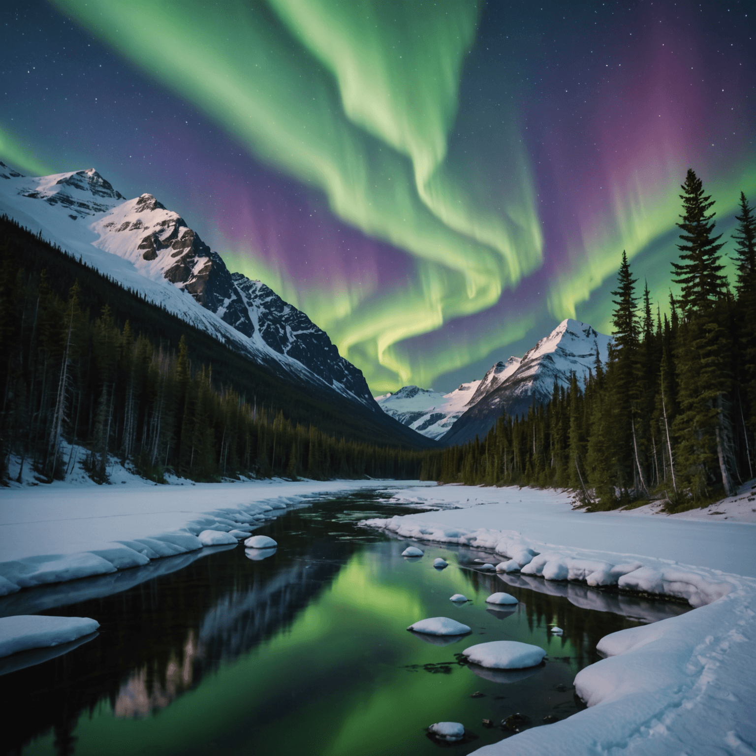 A remote mountain setting in Alaska with the northern lights illuminating the sky above.