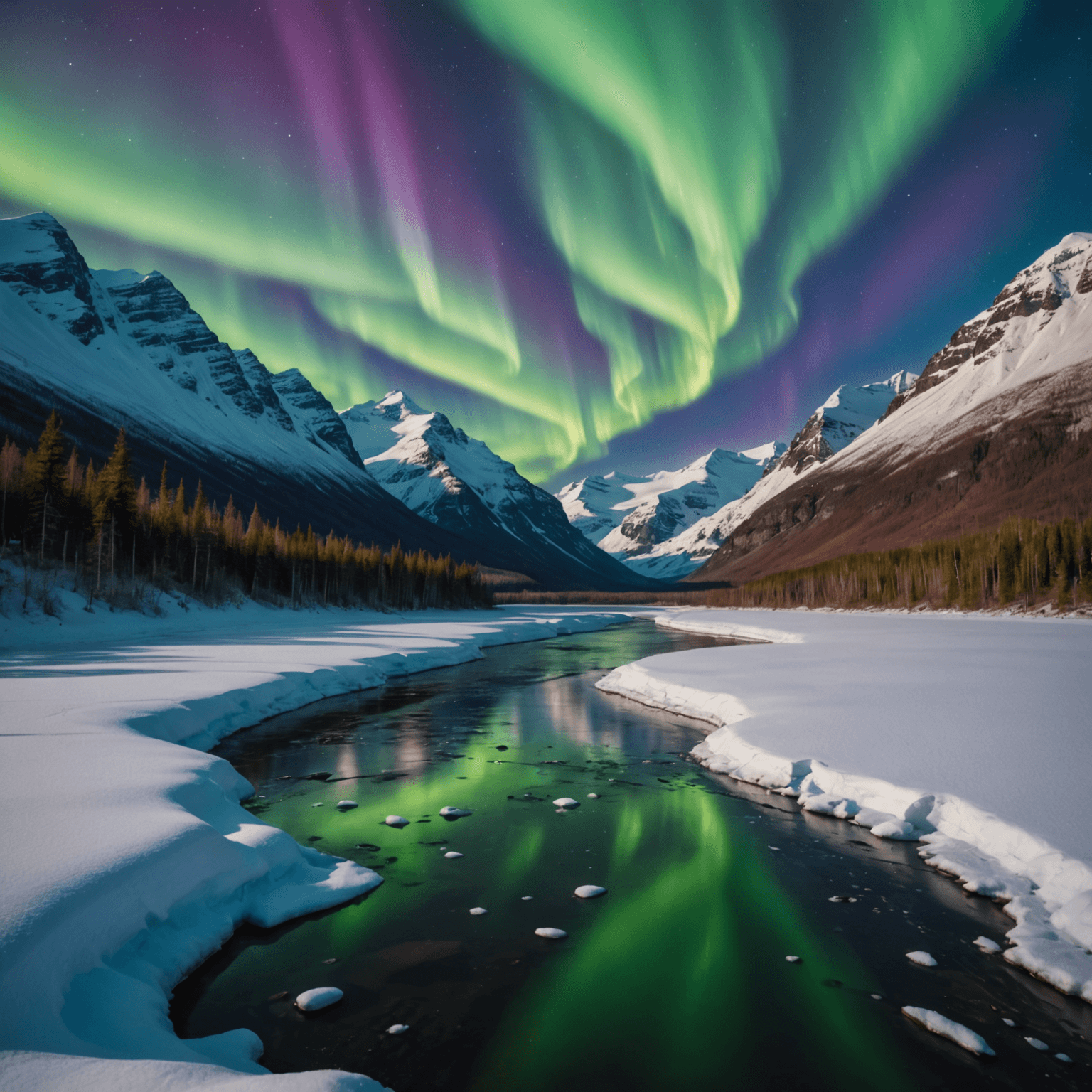 A breathtaking view of the northern lights dancing over a snow-covered Alaskan landscape, with a cozy cabin in the foreground.
