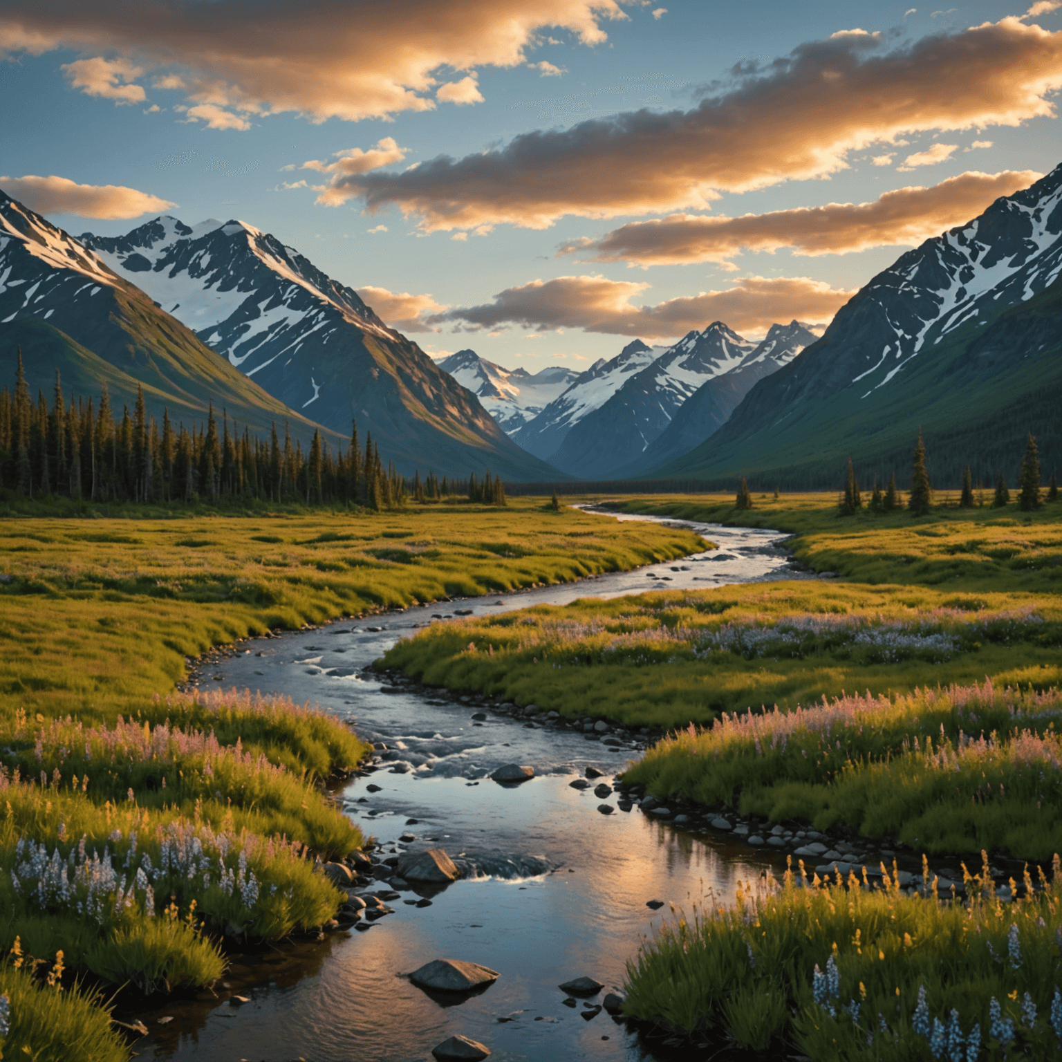 Midnight Sun over Alaskan landscape