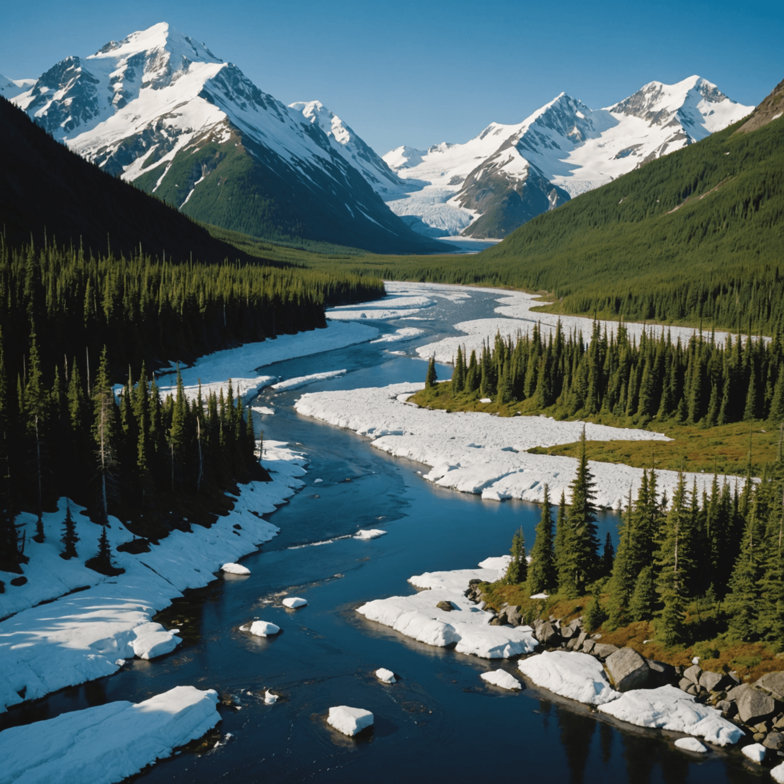 A team of sled dogs racing through the snowy terrain of Denali National Park