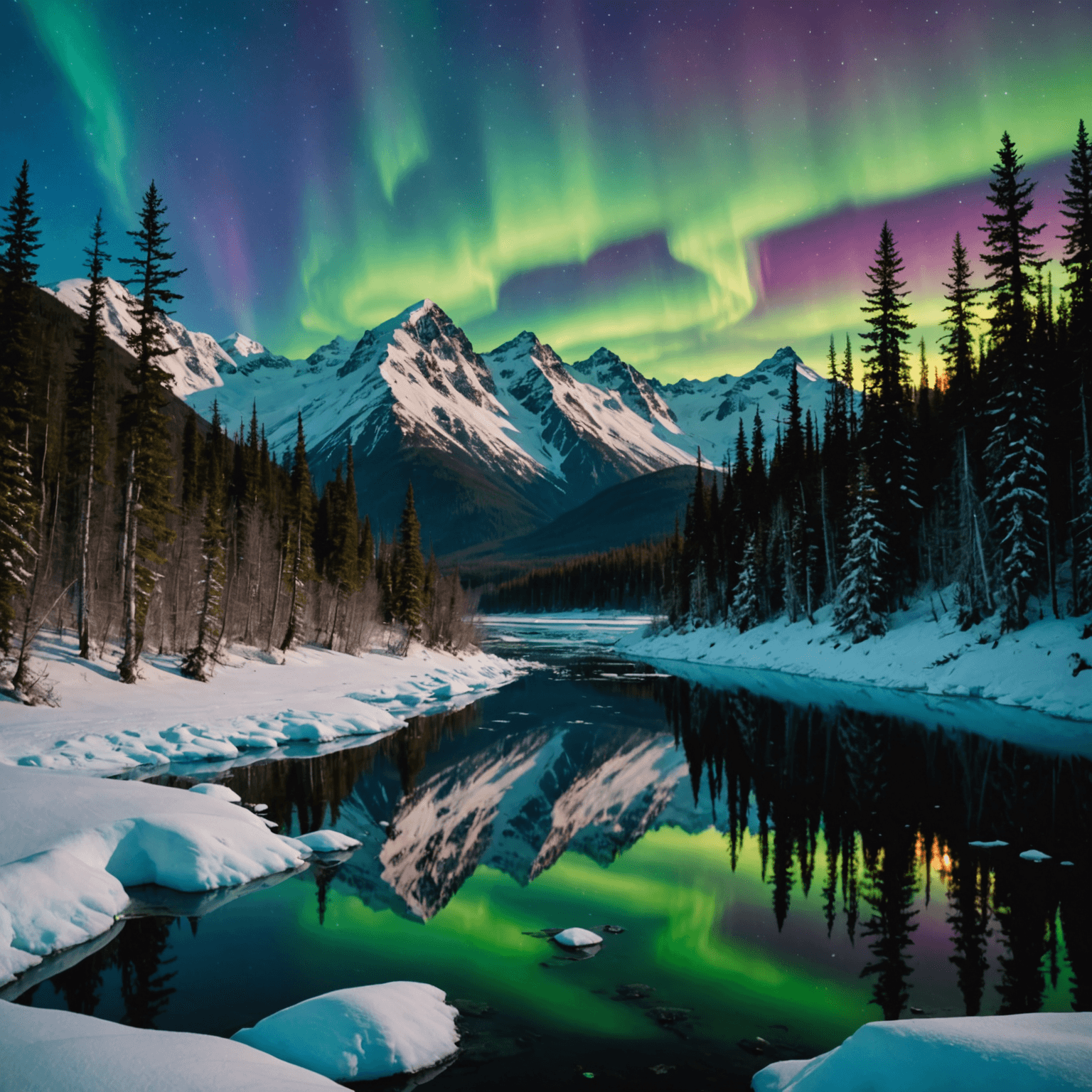 A group of tourists watching the Northern Lights from a cozy lodge with glass roofs, surrounded by snow-covered trees.