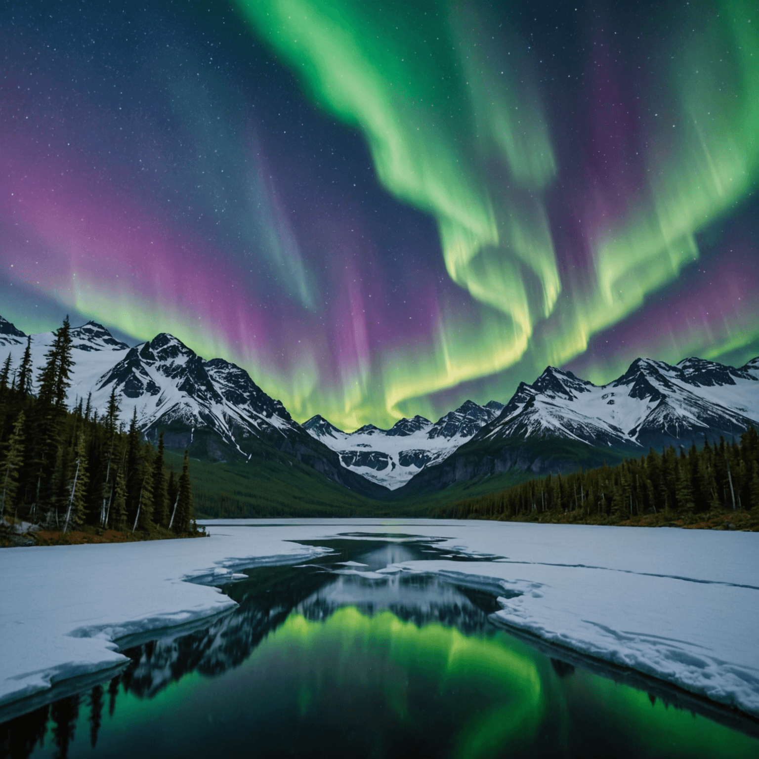 A panoramic view of the northern lights over a snowy Alaskan landscape