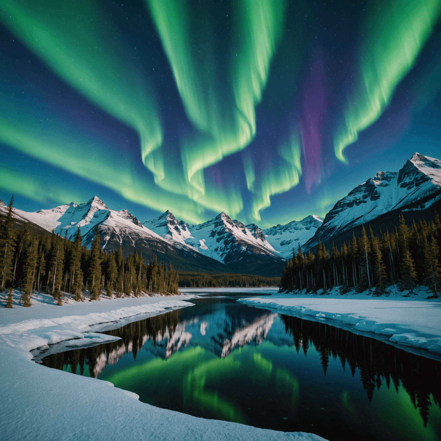 A snow-covered Alaskan landscape under the northern lights.