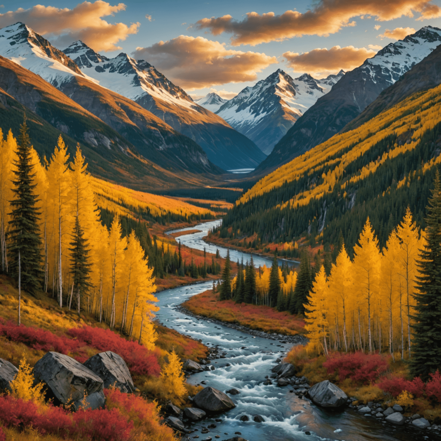 A scenic view of an Alaskan landscape during autumn with colorful foliage.