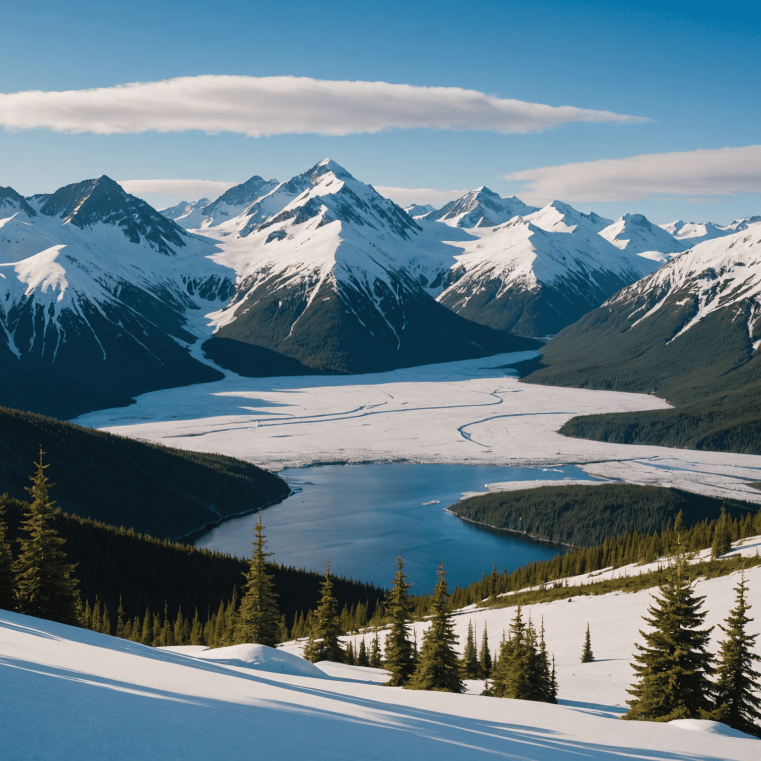 A team of huskies pulling a sled through the snow-covered trails of Denali National Park, with the majestic mountains in the background.