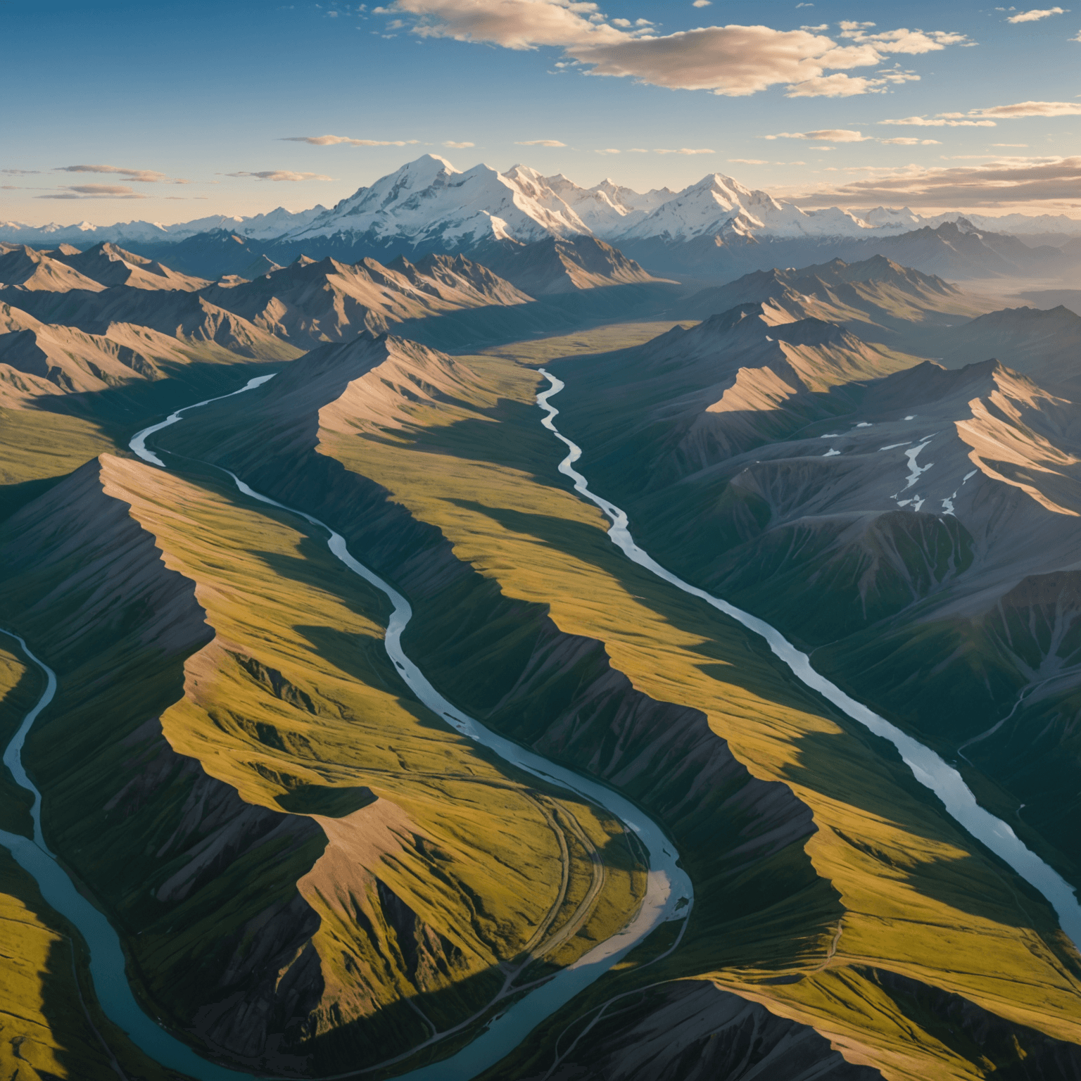 An aerial view of Denali National Park, with vast snow-covered mountains and winding trails visible from a helicopter tour.