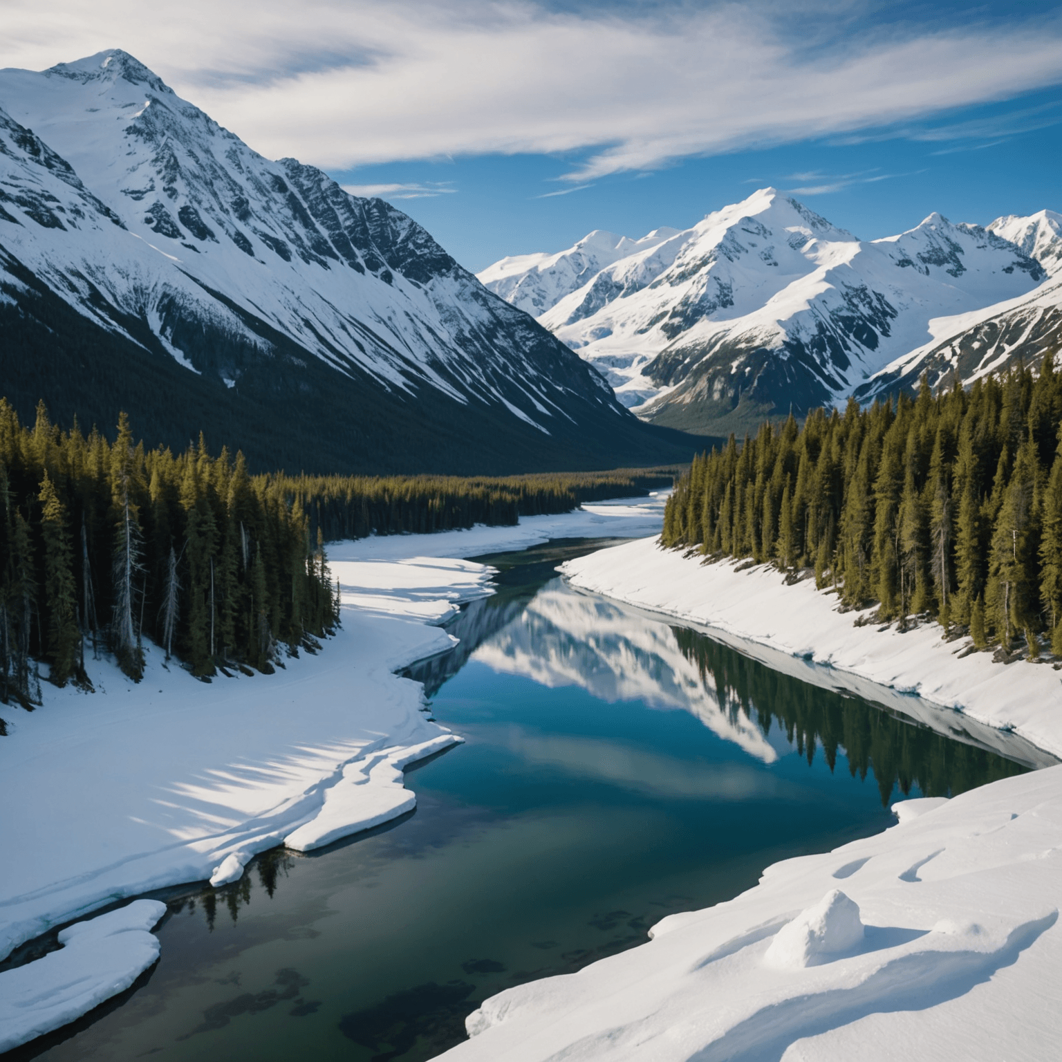 A team of sled dogs racing through the snowy Alaskan wilderness, driven by a skilled musher.