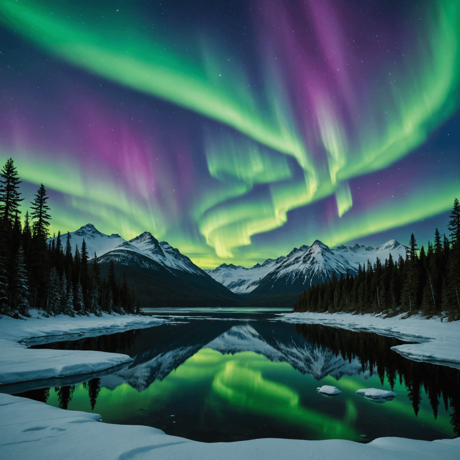 The mesmerizing aurora borealis lighting up the night sky over a snowy Alaskan landscape.