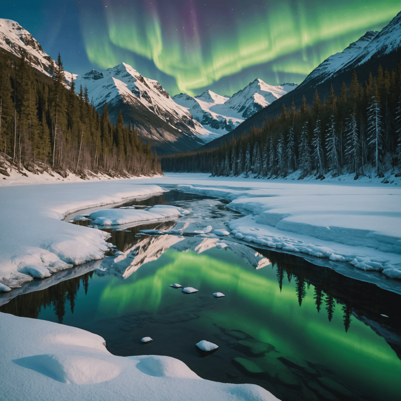 A stunning view of the Northern Lights over a snowy Alaskan landscape, with a cozy cabin in the foreground.