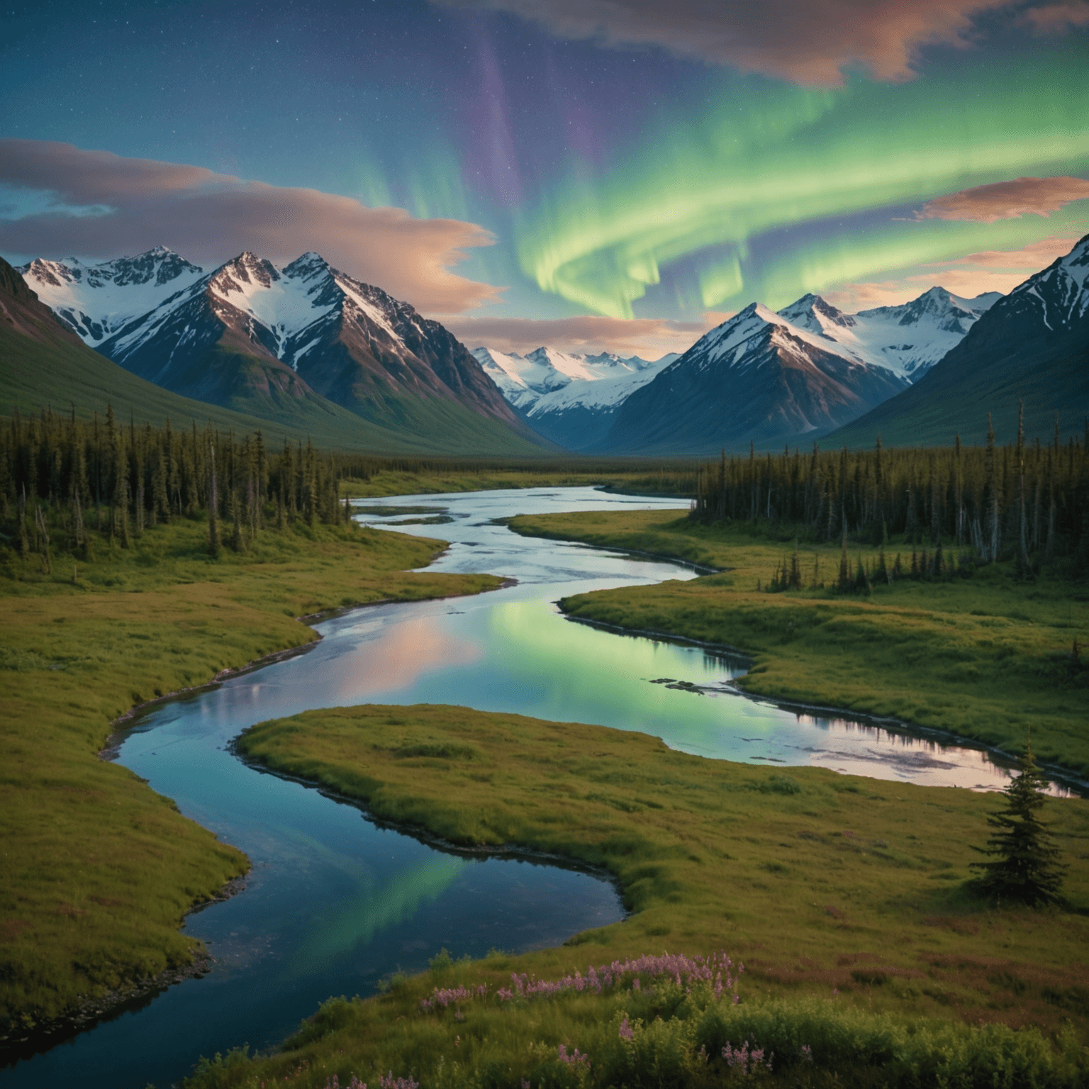 A group of travelers bundled up in winter gear, standing under a vibrant aurora display.