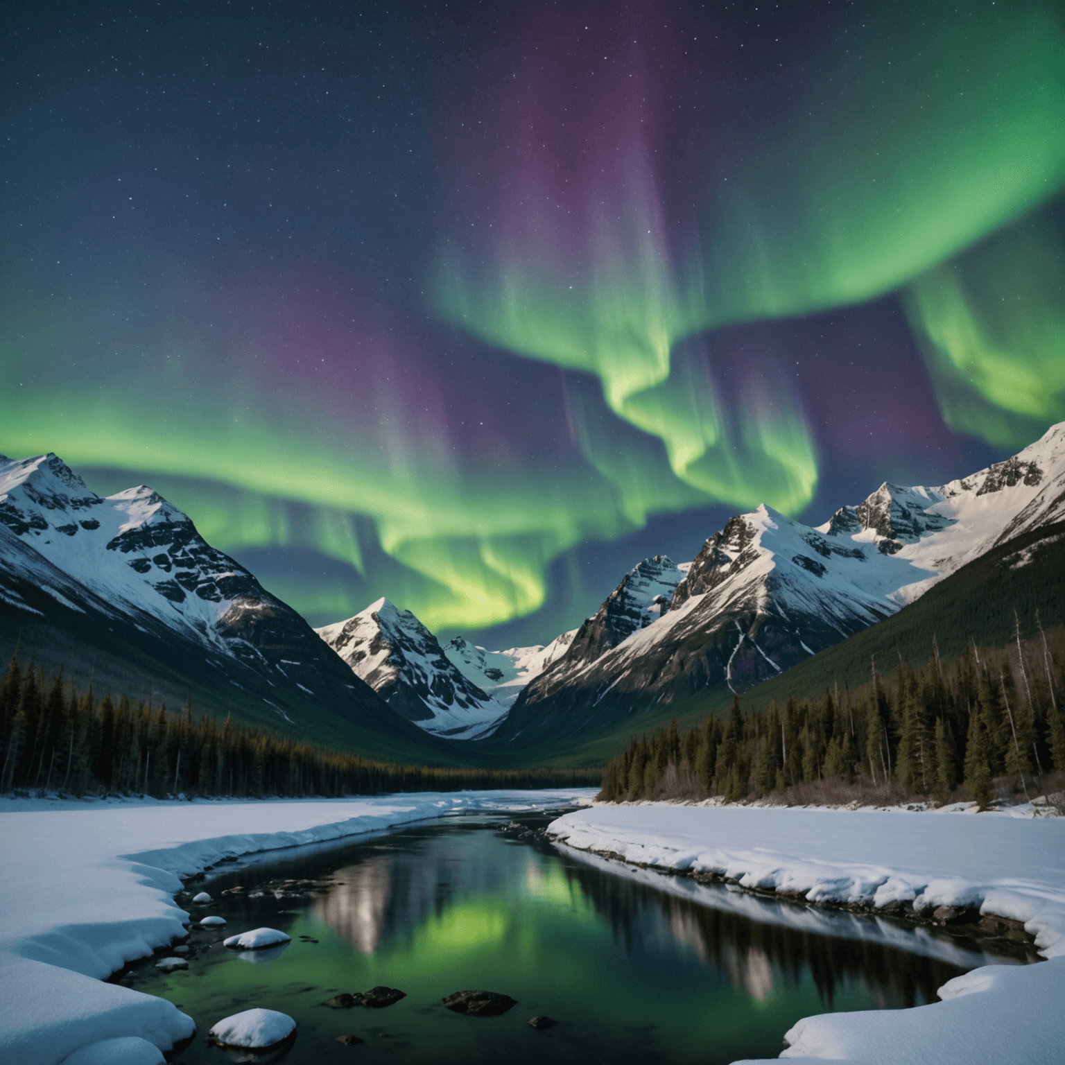 A stunning view of the aurora borealis over a snowy Alaskan landscape
