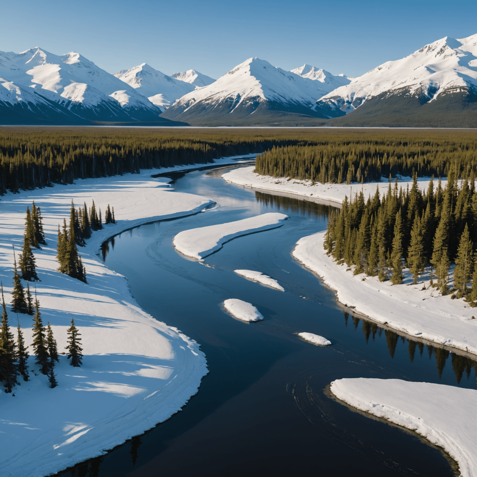 A panoramic view of Alaska's snowy landscape with mountains in the background
