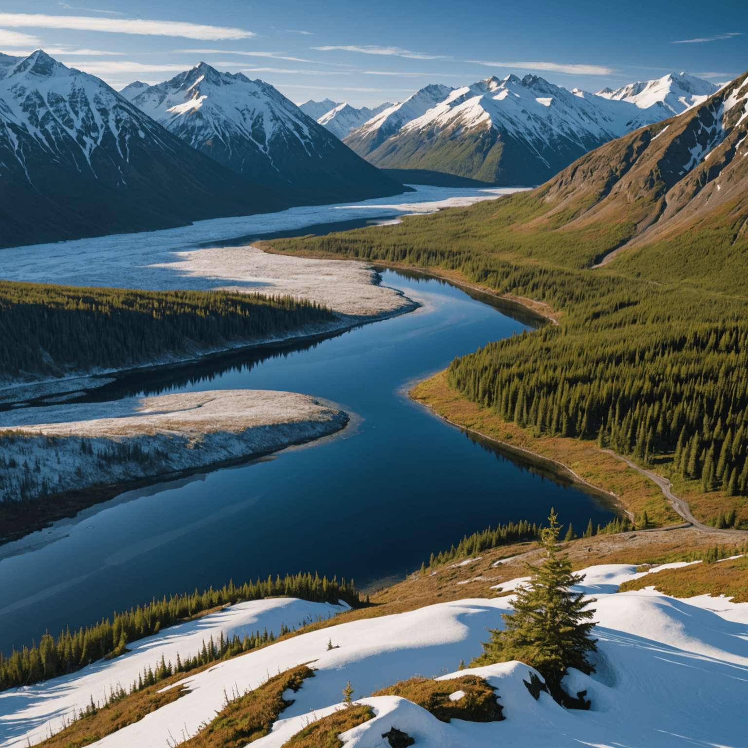A breathtaking view of the Chugach Mountains covered in snow, with a clear blue sky overhead.