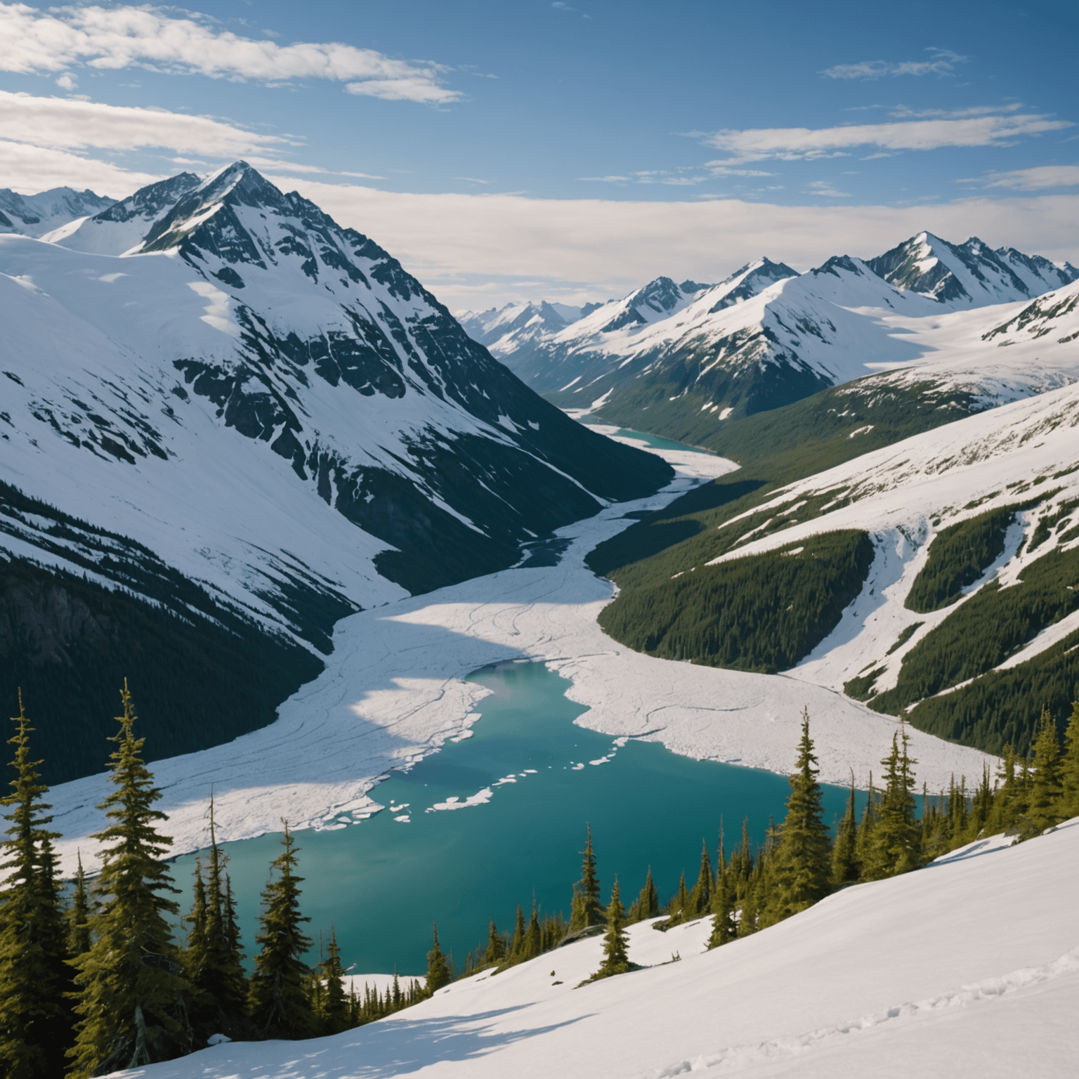 A team of Alaskan Huskies running on a snowy trail