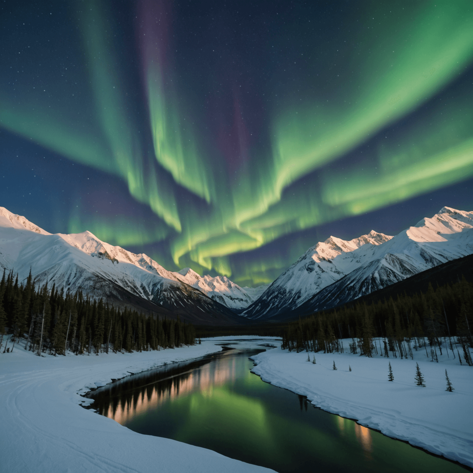 A panoramic view of the northern lights over a snow-covered forest in Denali National Park.