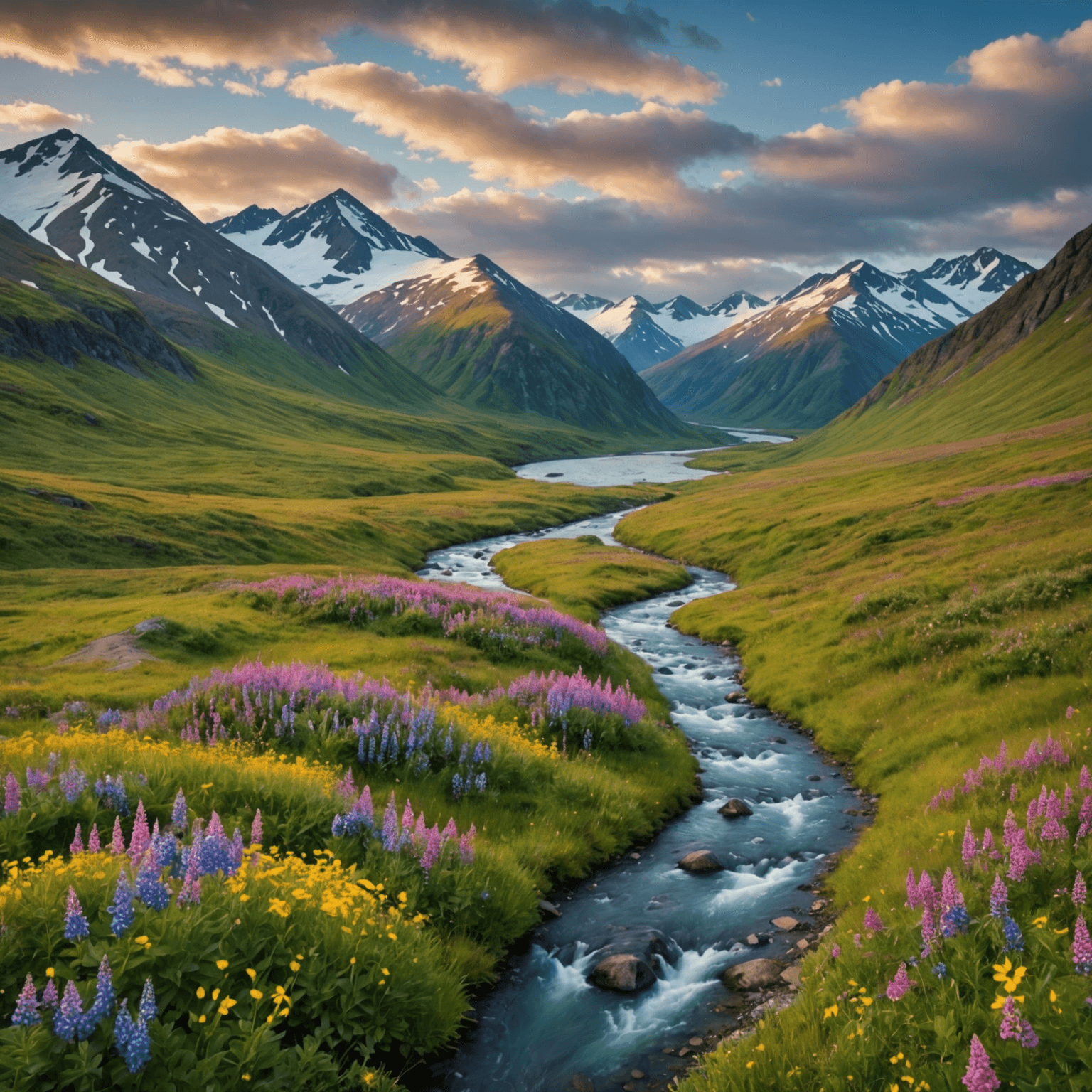 Scenic view of Hatcher Pass with mountains and wildflowers.