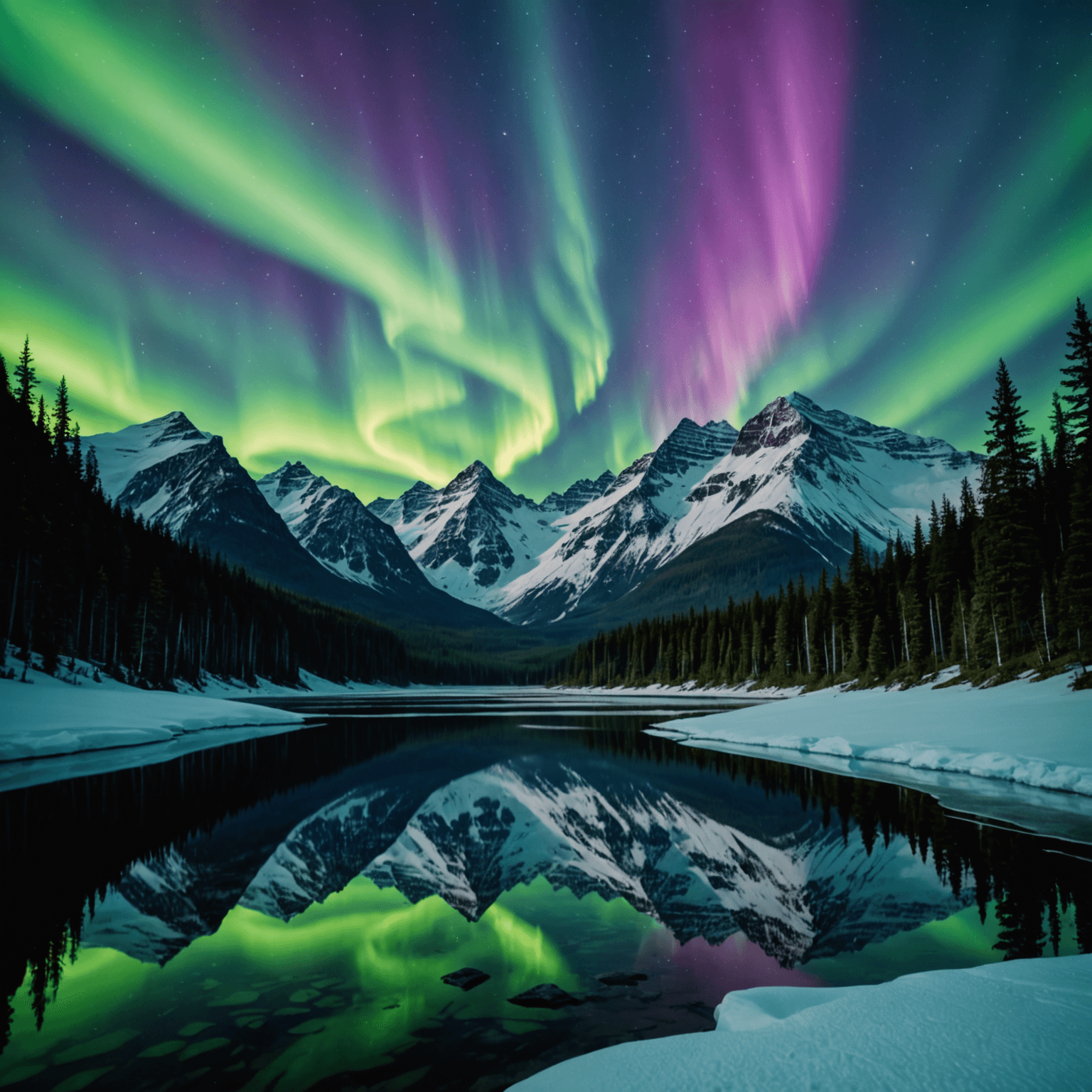 A mesmerizing Aurora Borealis display over a snow-covered Alaskan landscape