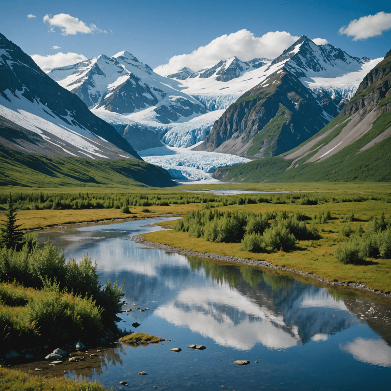A panoramic view of an Alaskan glacier with kayakers exploring the icy waters
