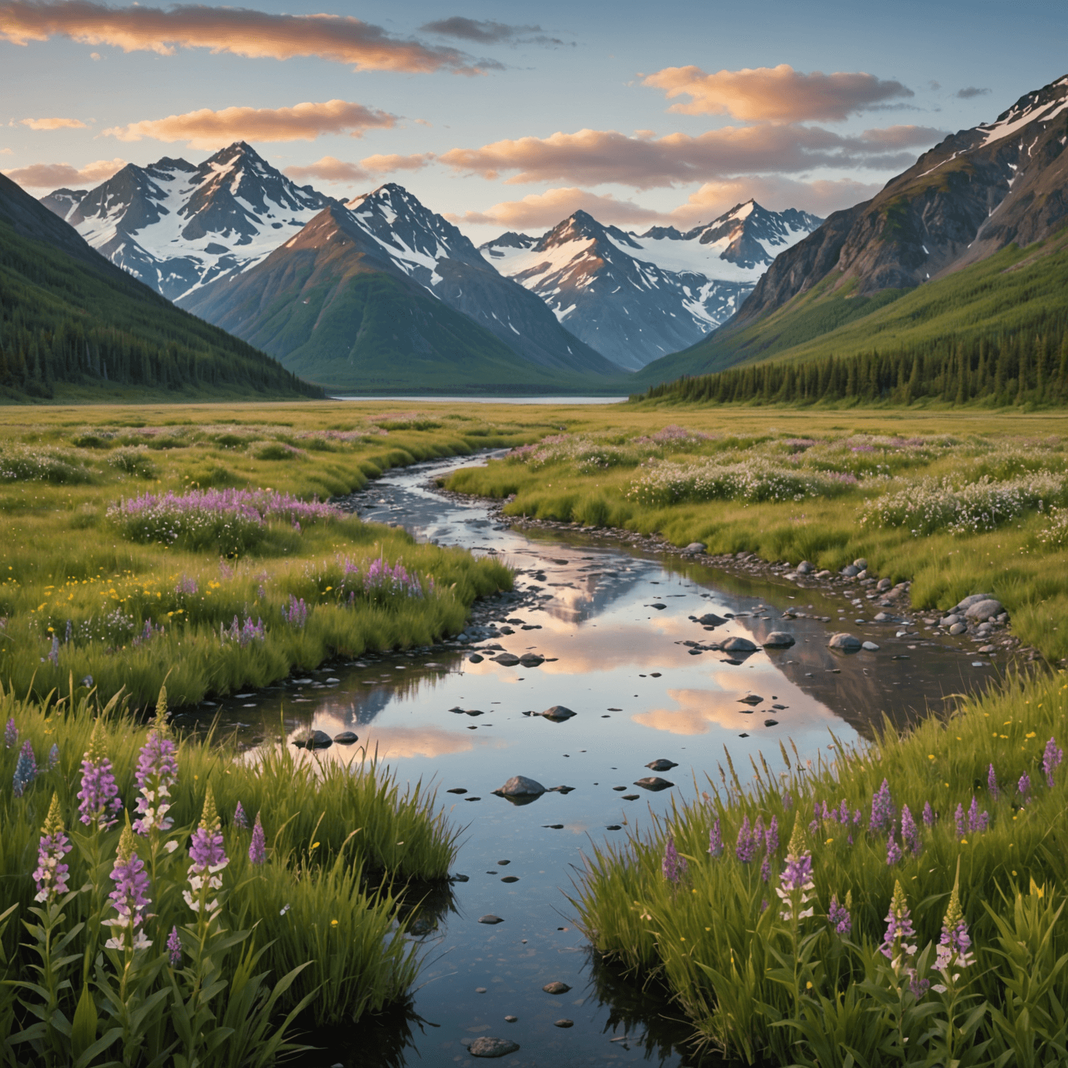 A sled dog team racing through the snow-covered Alaskan landscape, capturing the motion and energy of the dogs.