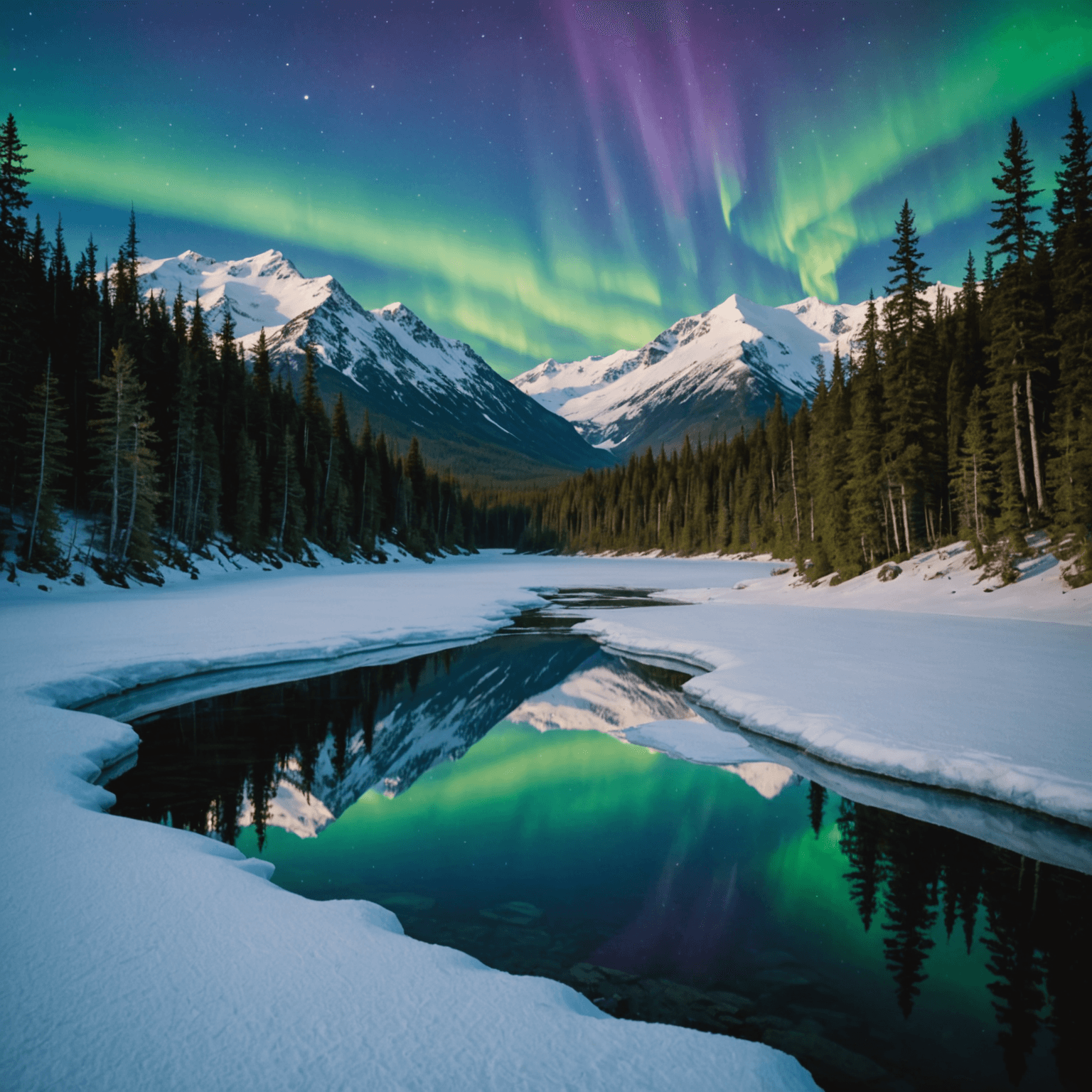 The vibrant colors of the northern lights dancing in the Alaskan sky.