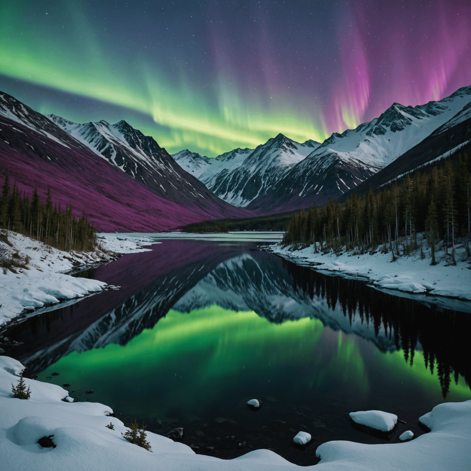 A stunning view of the northern lights over Hatcher Pass, with snow-covered mountains and a clear night sky.