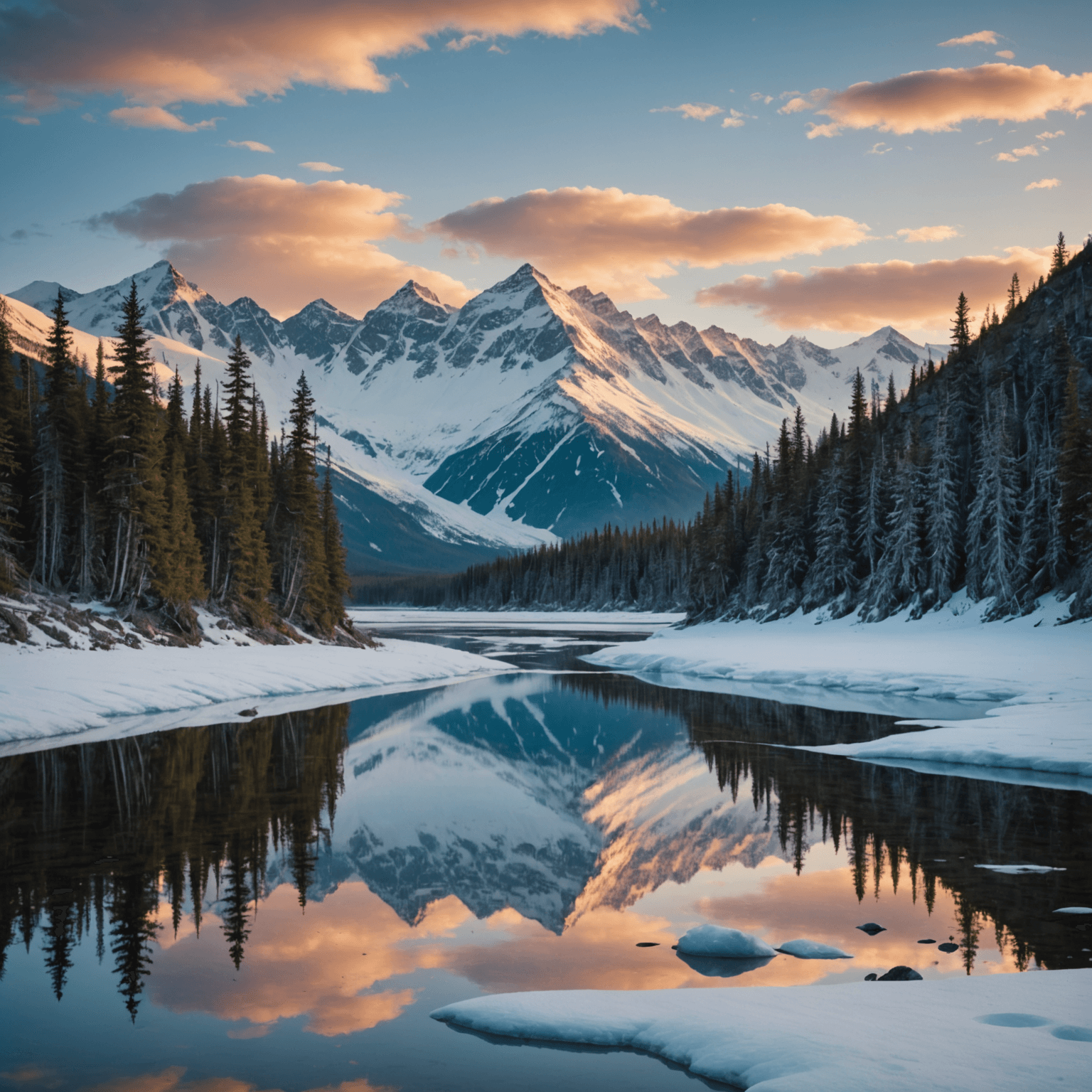 A musher with a sled dog team traversing a snowy Alaskan landscape, with a vibrant sunset in the background