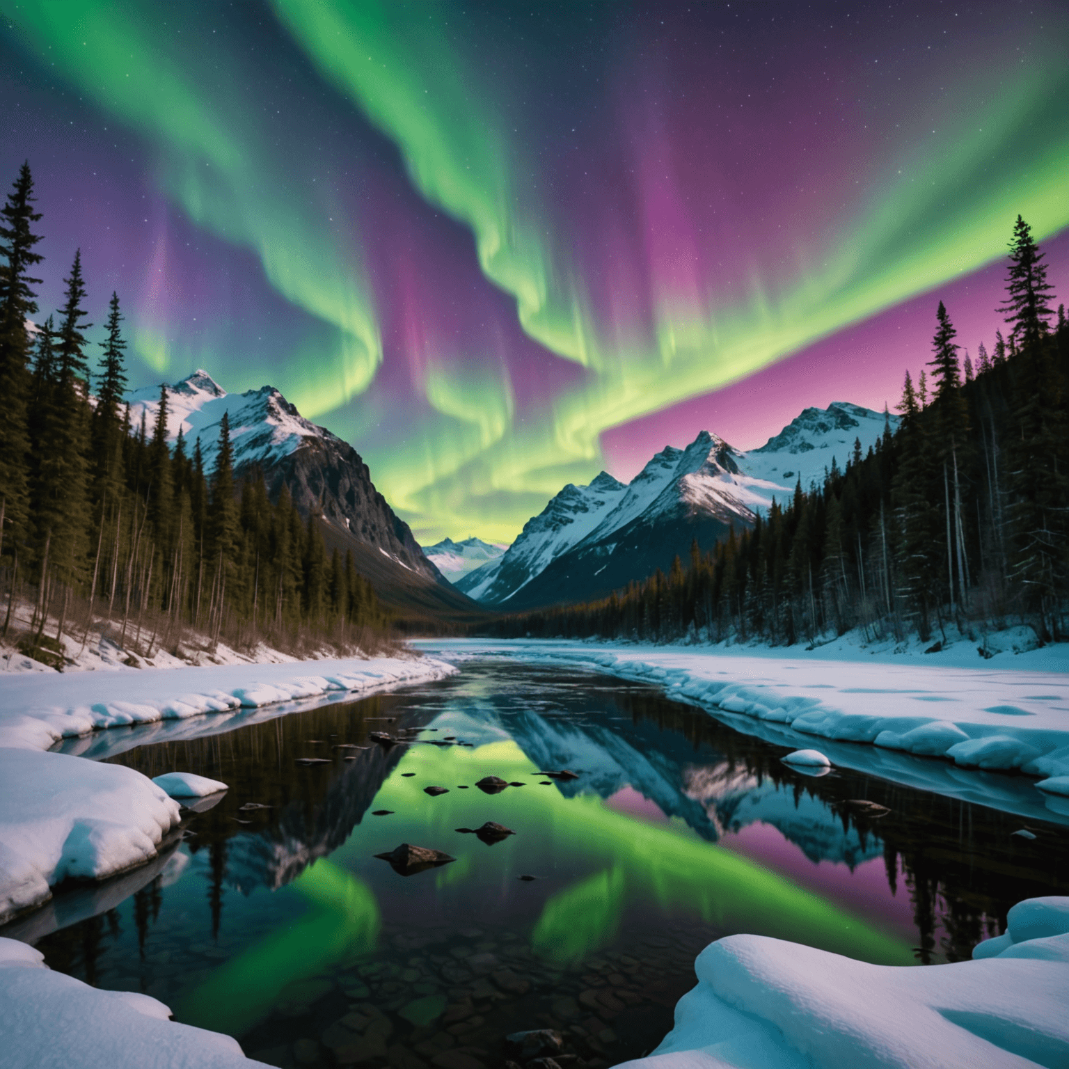 A scenic view of the aurora borealis over a winter cabin in Alaska