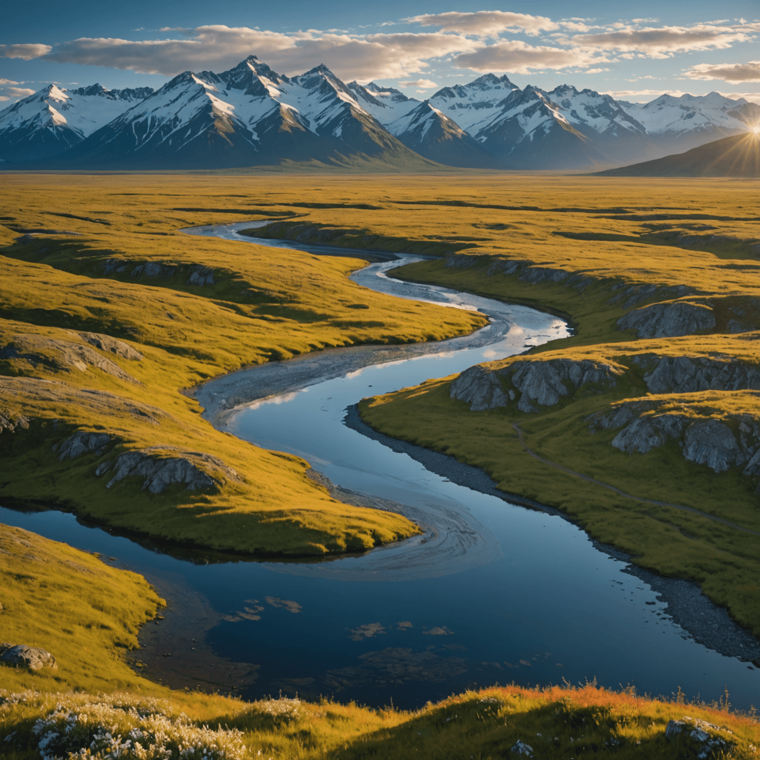 Snowmobilers racing through a snowy Alaskan landscape, surrounded by towering mountains.