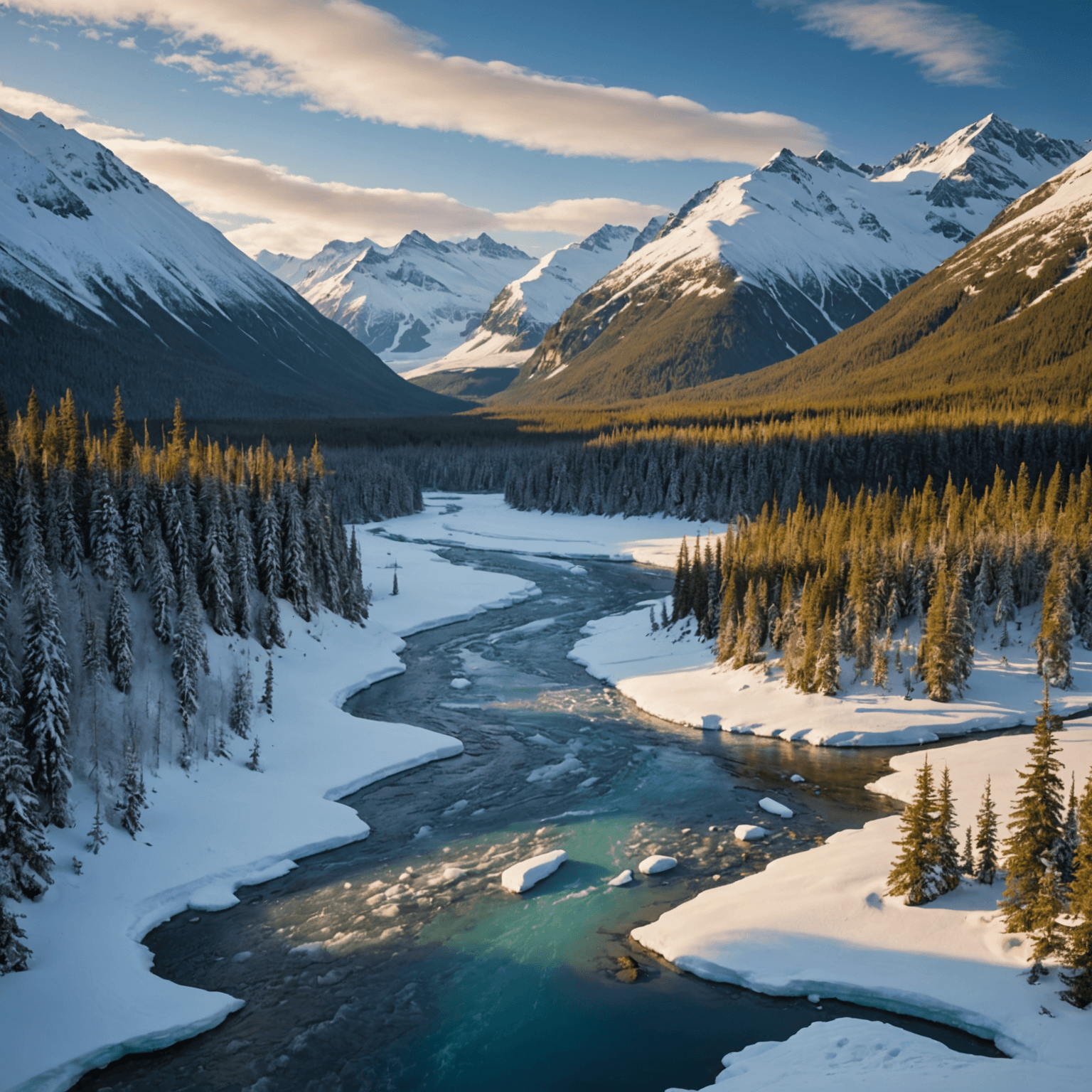 A group of adventurers on ATVs navigating through a lush Alaskan trail, with majestic mountains in the background.
