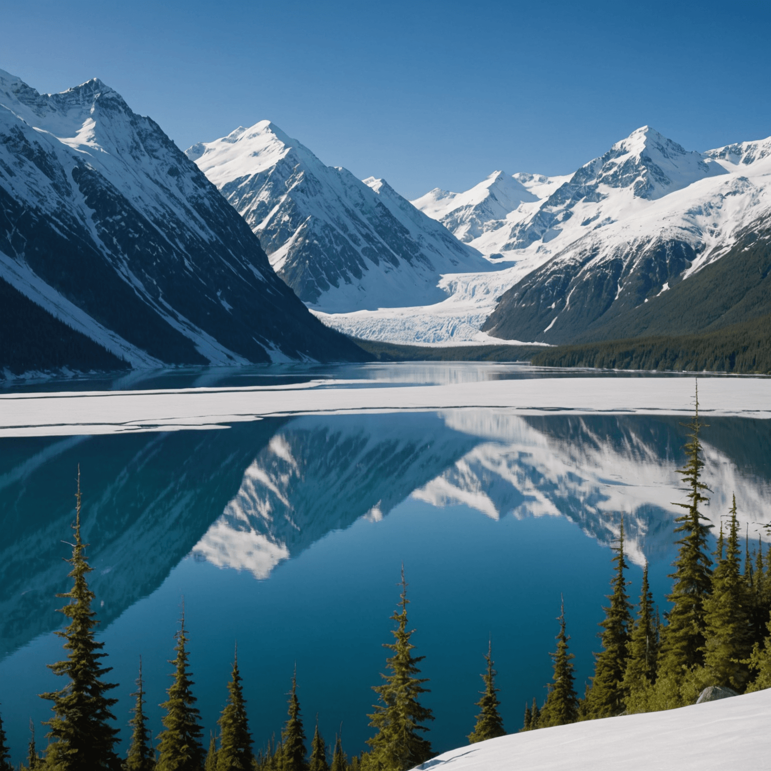 A scenic view of snow-covered mountains and a frozen lake