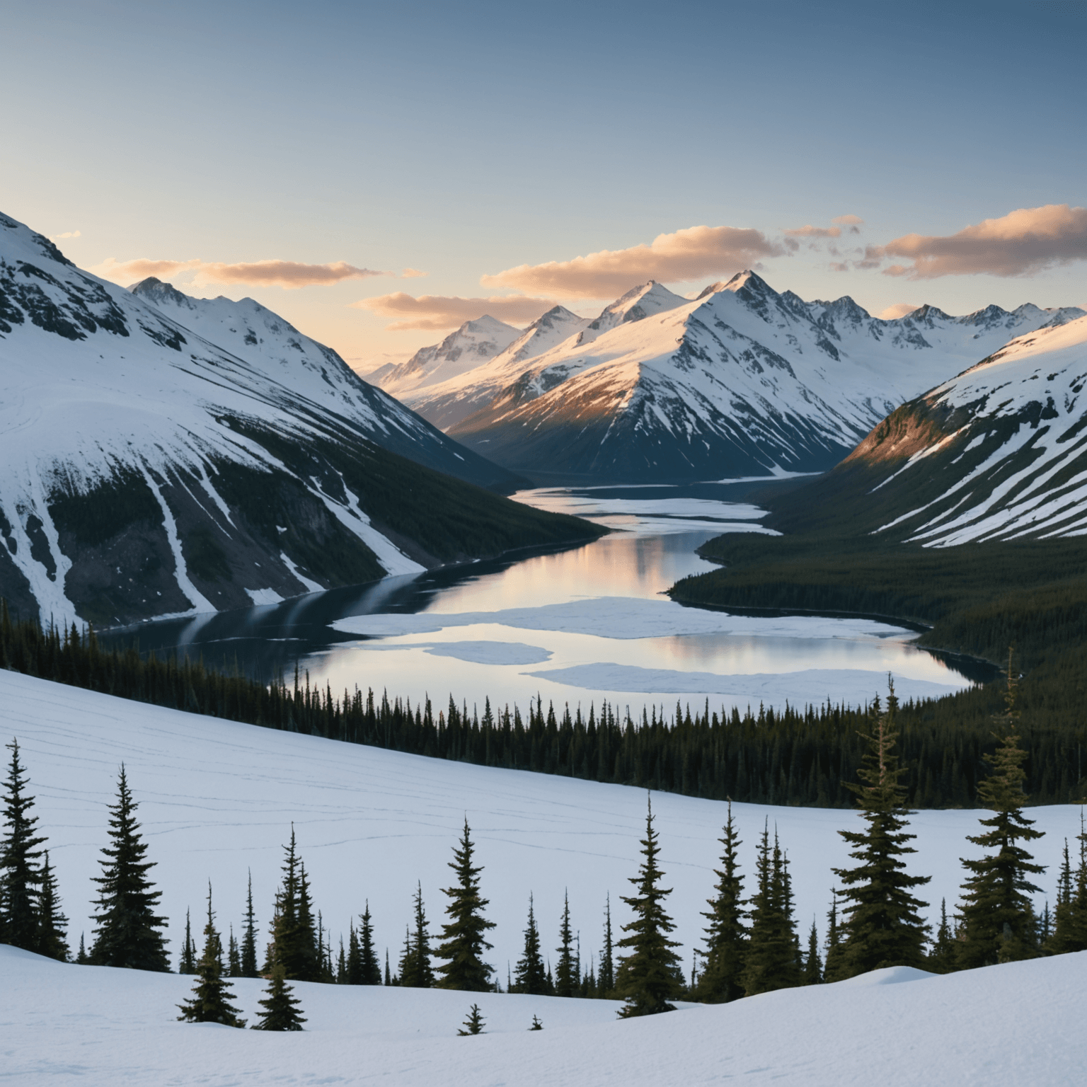 A scenic view of a dog sled trail winding through an Alaskan forest.