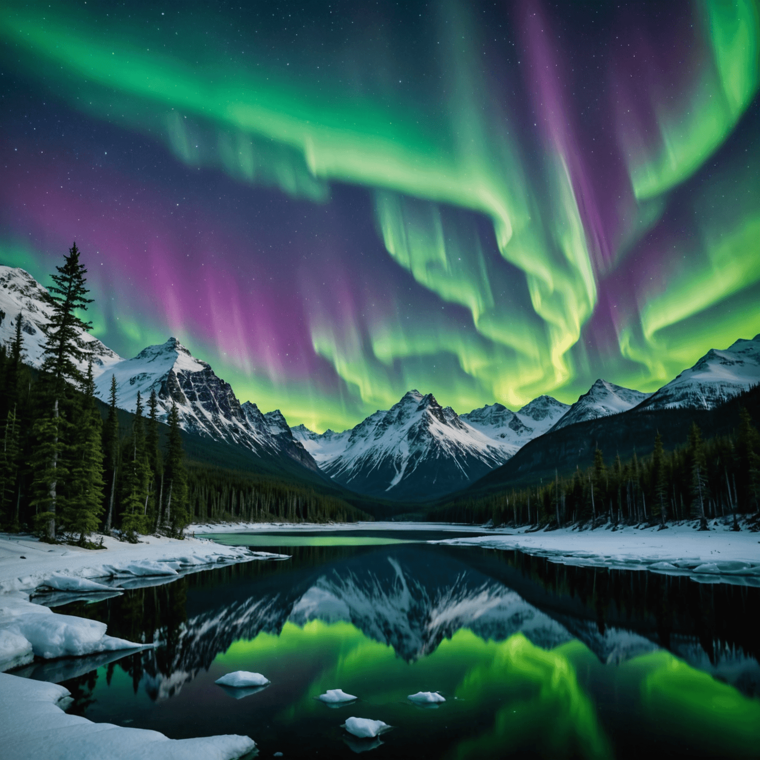 A stunning display of the Northern Lights over a snowy Alaskan landscape