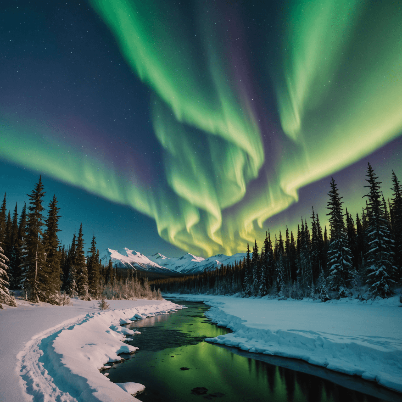 Vivid Northern Lights over Fairbanks with snowy landscape