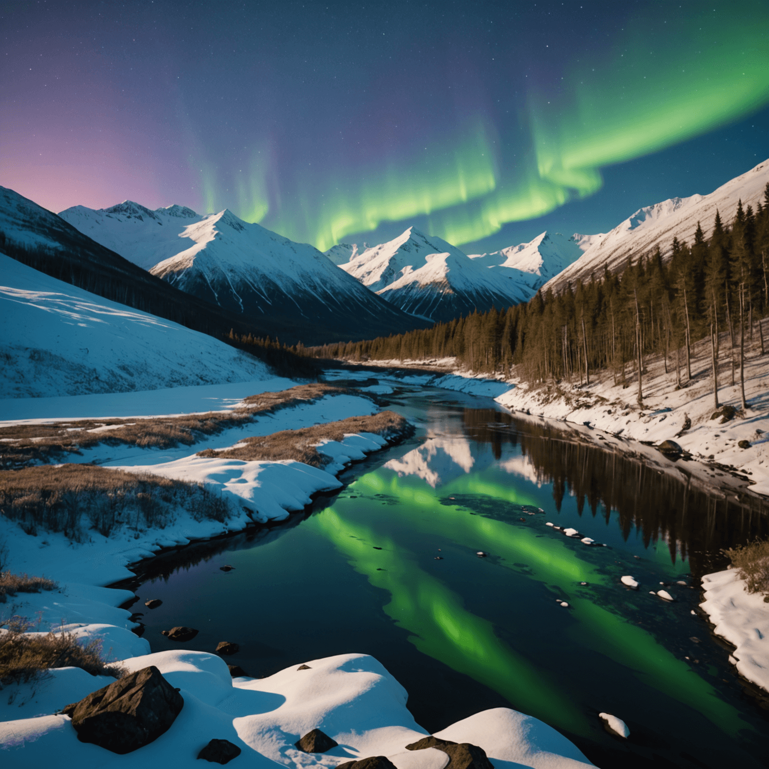 A vibrant display of the northern lights over the snowy landscape of Hatcher Pass