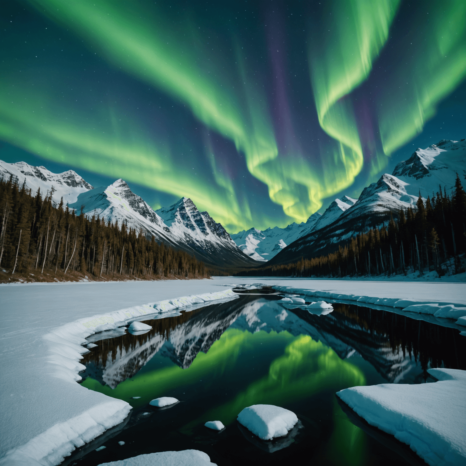 A stunning view of the Northern Lights over a snowy Alaskan landscape