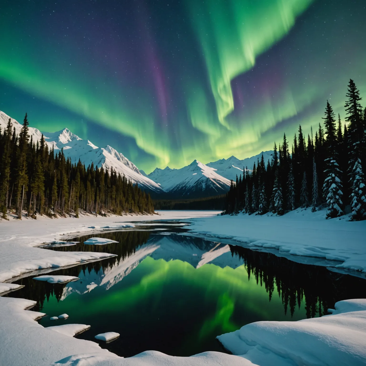 A team of sled dogs pulling a sled through the Alaskan wilderness, with snow-covered mountains in the background.