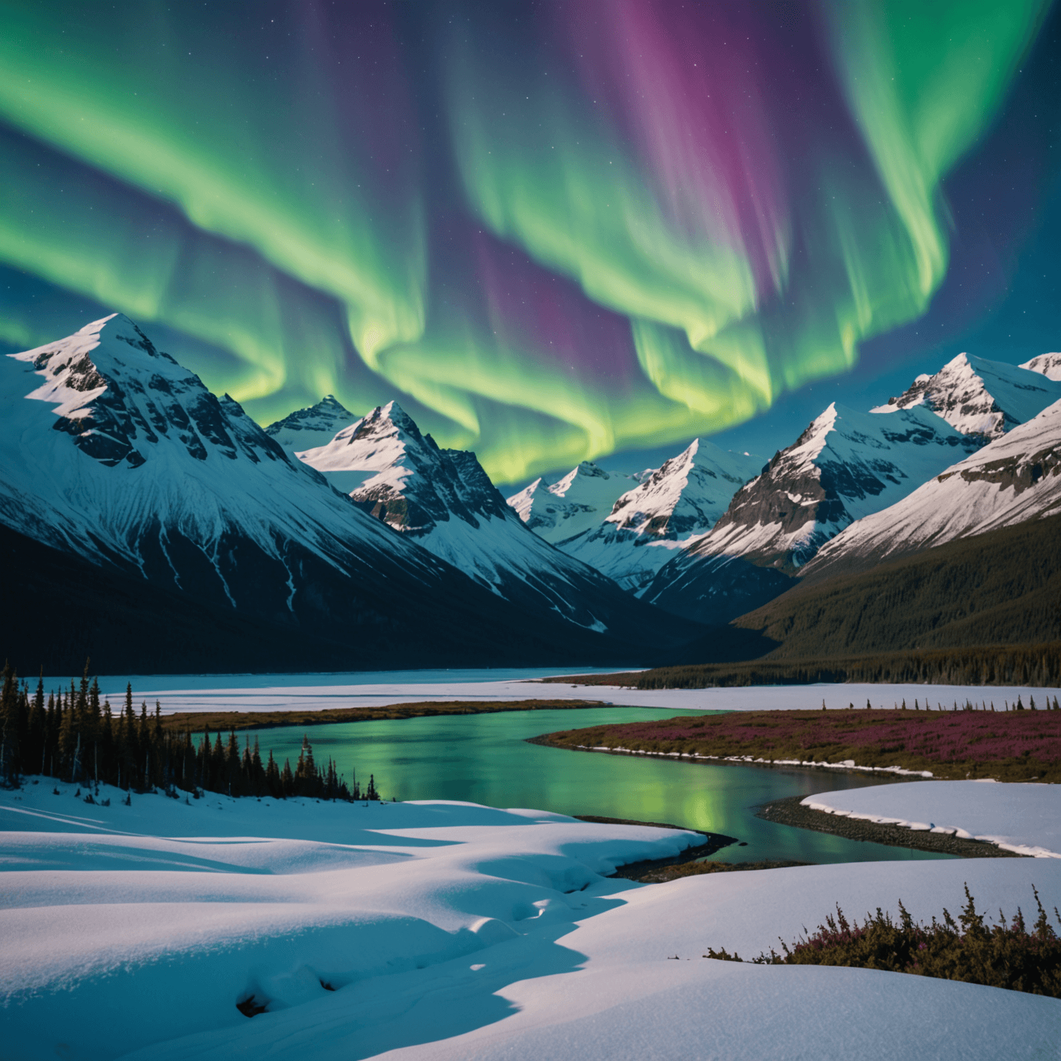 The northern lights dancing over an Alaskan winter landscape