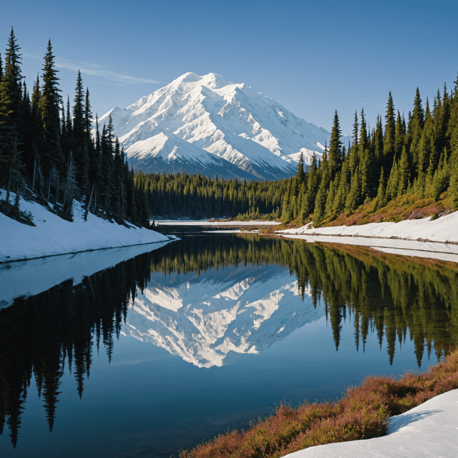 A group of snowmobilers traversing a snowy trail with Mount Denali in the background