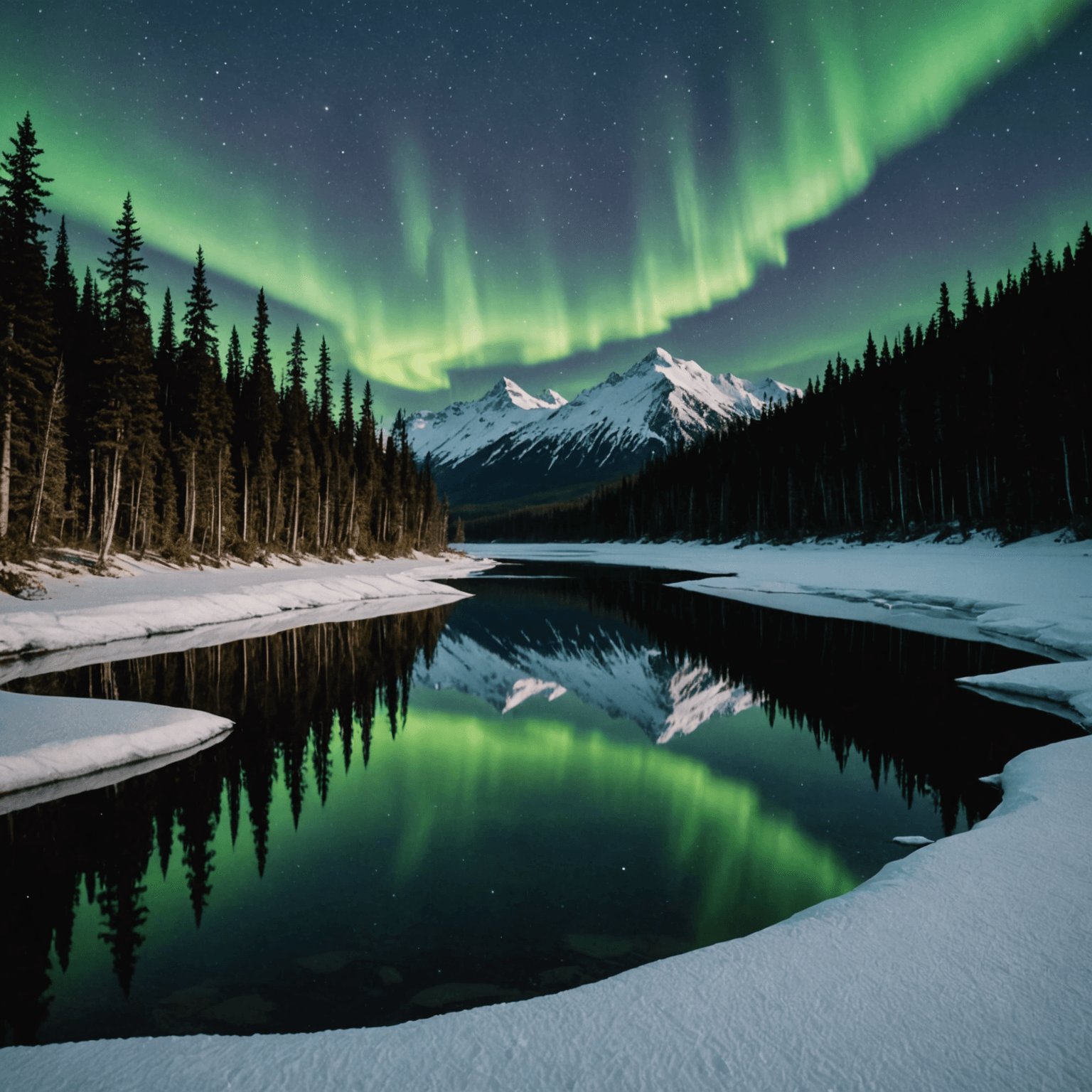 A stunning view of the aurora borealis over a snowy Alaskan landscape, showcasing the vibrant colors typical during equinoxes.